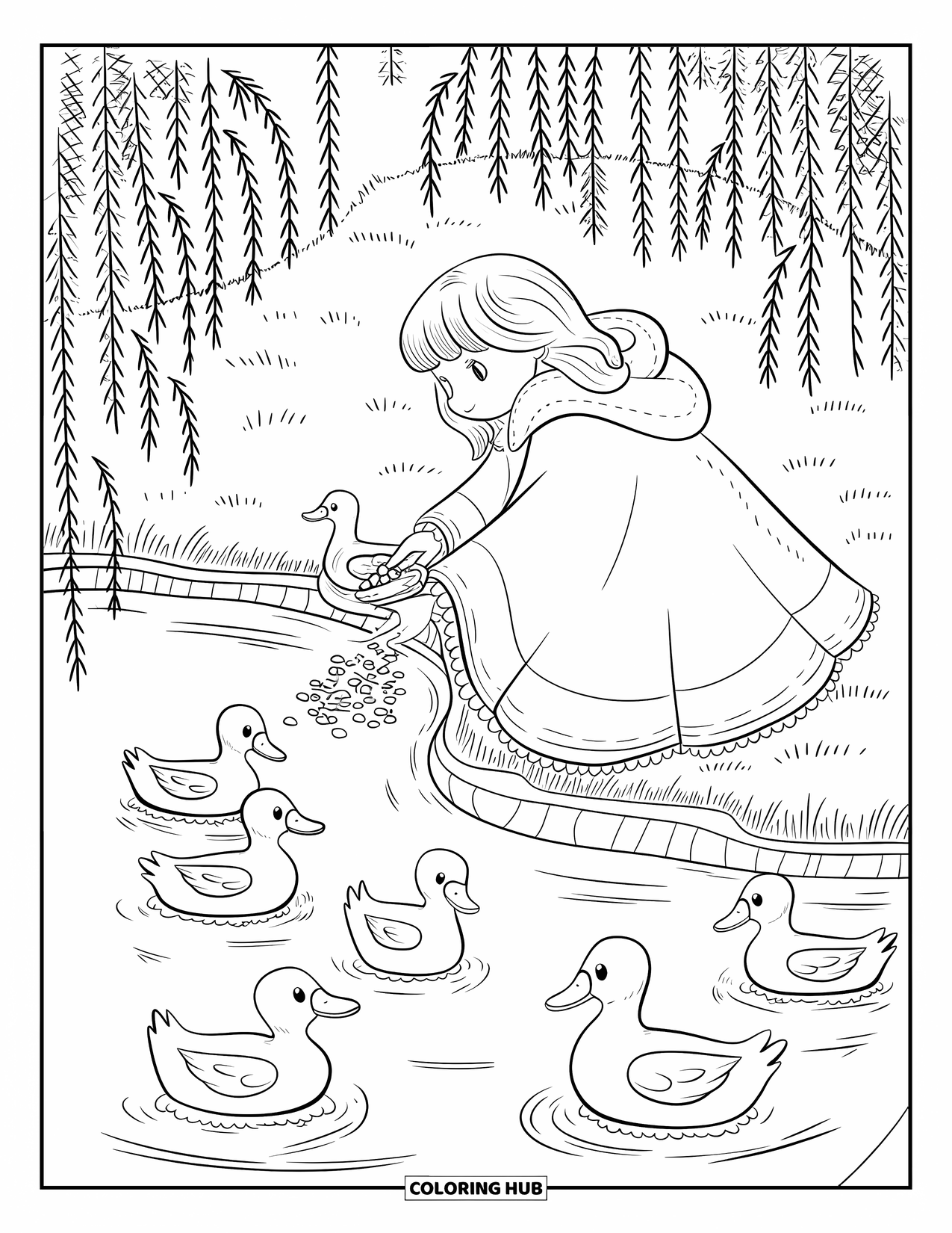 Princess Coloring Page for Adults: A princess tosses breadcrumbs to ducks, sitting by a tranquil pond