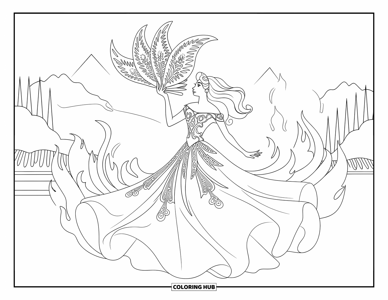 Princess Coloring Page for Adults: A princess twirling in a fiery gown with a phoenix feather fan