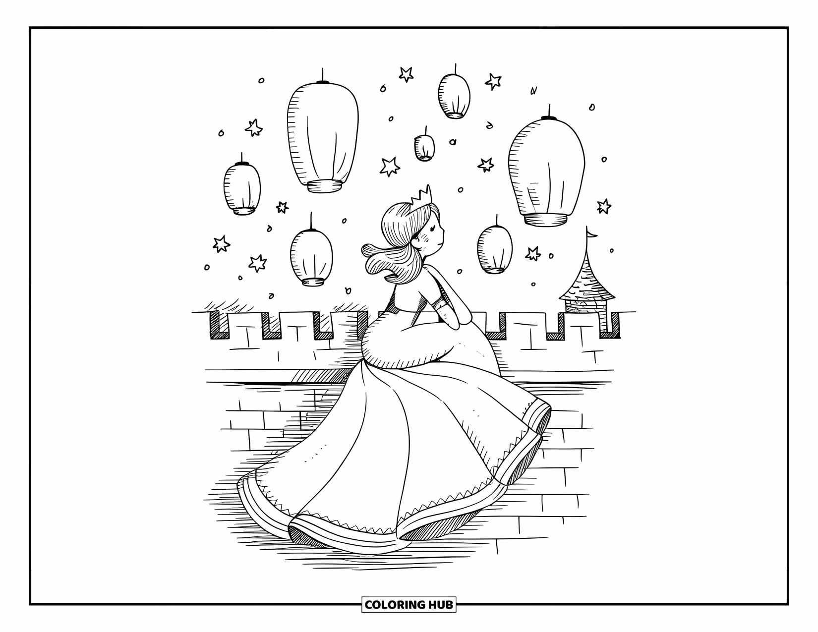 Princess Coloring Page for Adults: A princess watches lanterns float into the night sky from a castle rooftop