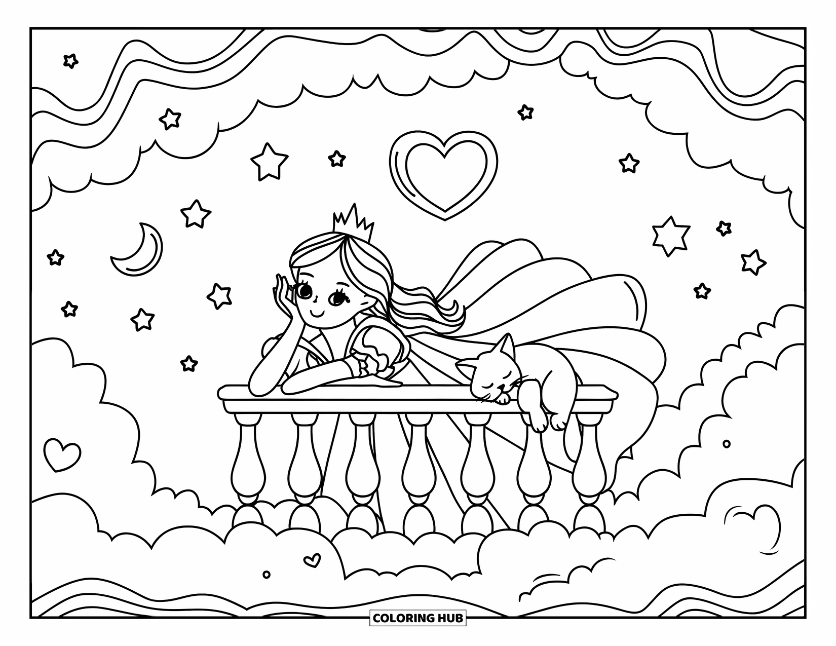 Princess Coloring Page for Adults: A princess watches stars and moons drift by, her kitten napping beside her