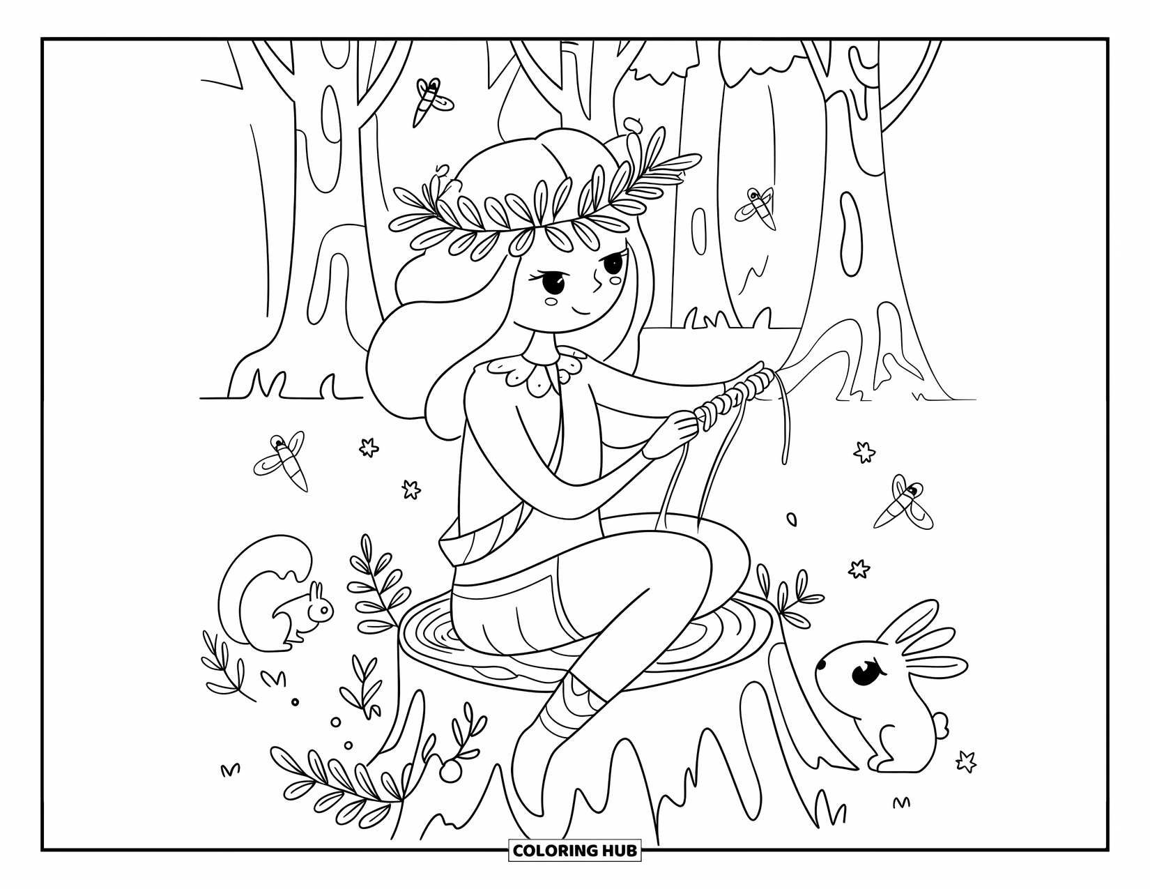 Princess Coloring Page for Adults: A princess weaves a leaf crown in the forest, squirrels and rabbits nearby