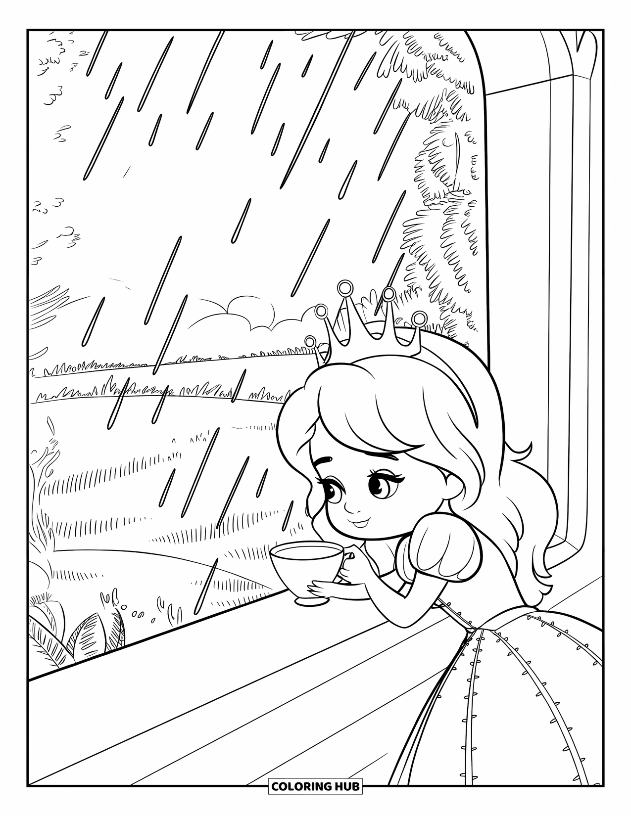 Princess Coloring Page for Adults: A princess with a warm teacup watches the rain from a castle window