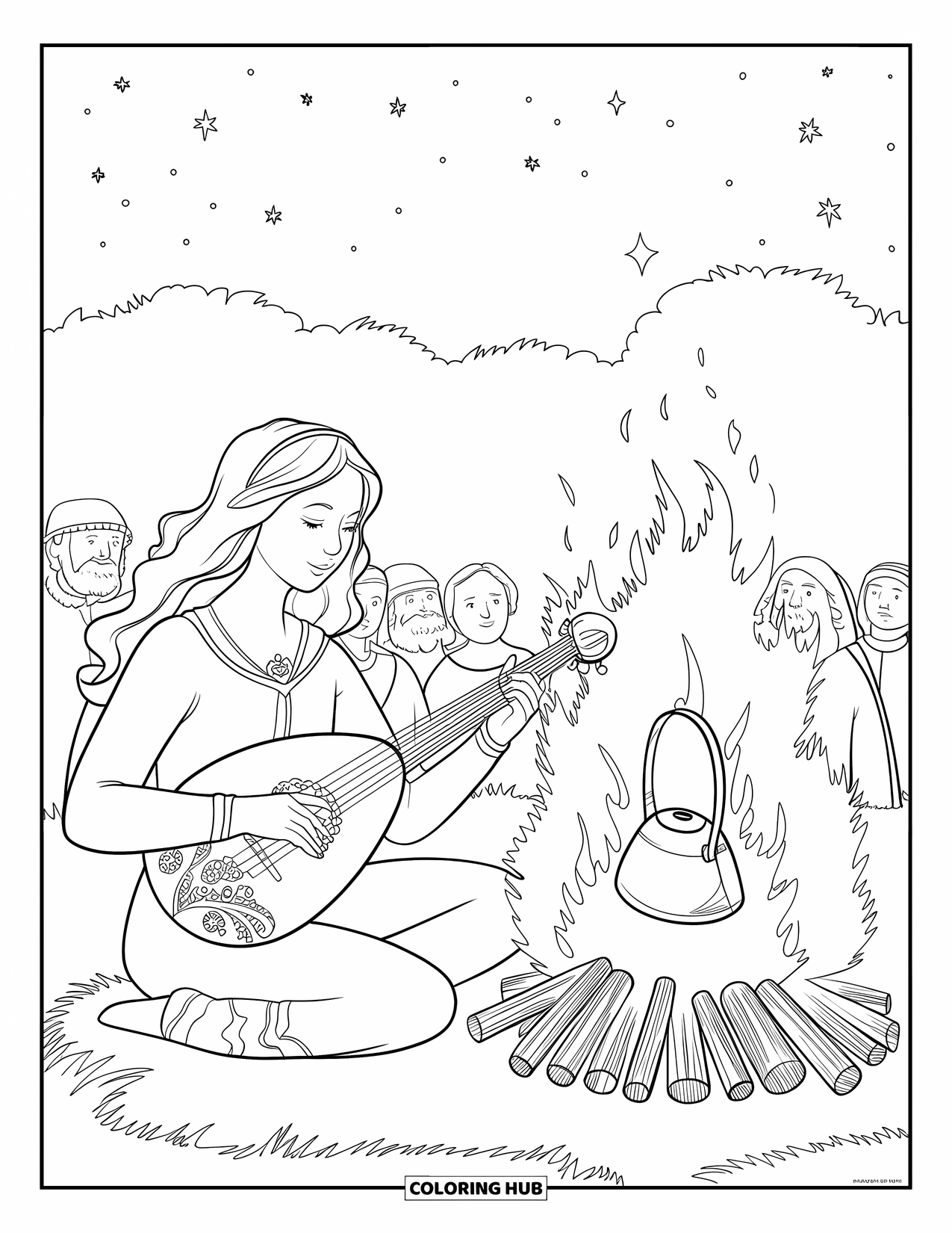 Princess Coloring Page for Adults: A princess with long hair plays the lute by a fire, villagers gathered nearby