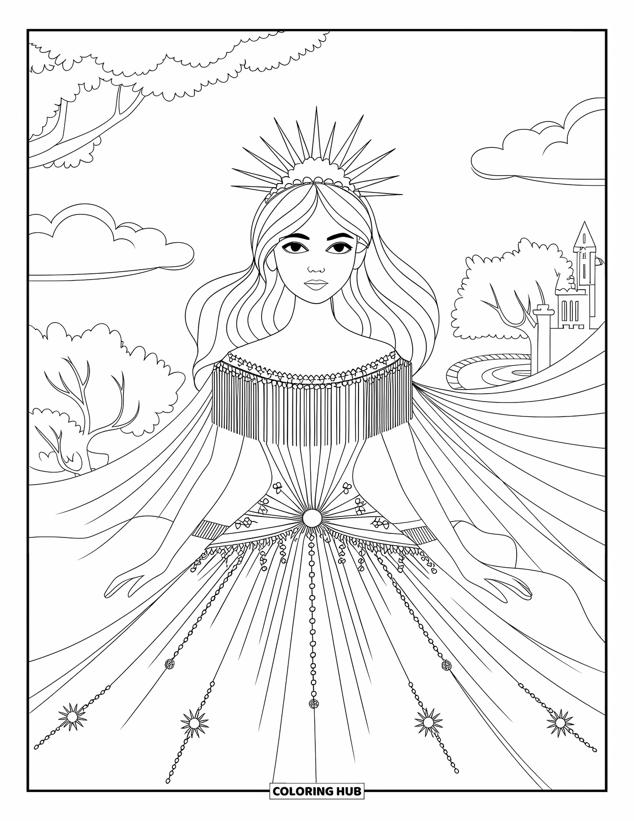 Princess Coloring Page for Adults: A radiant princess in a sun-themed gown wears a tiara shaped like sun rays