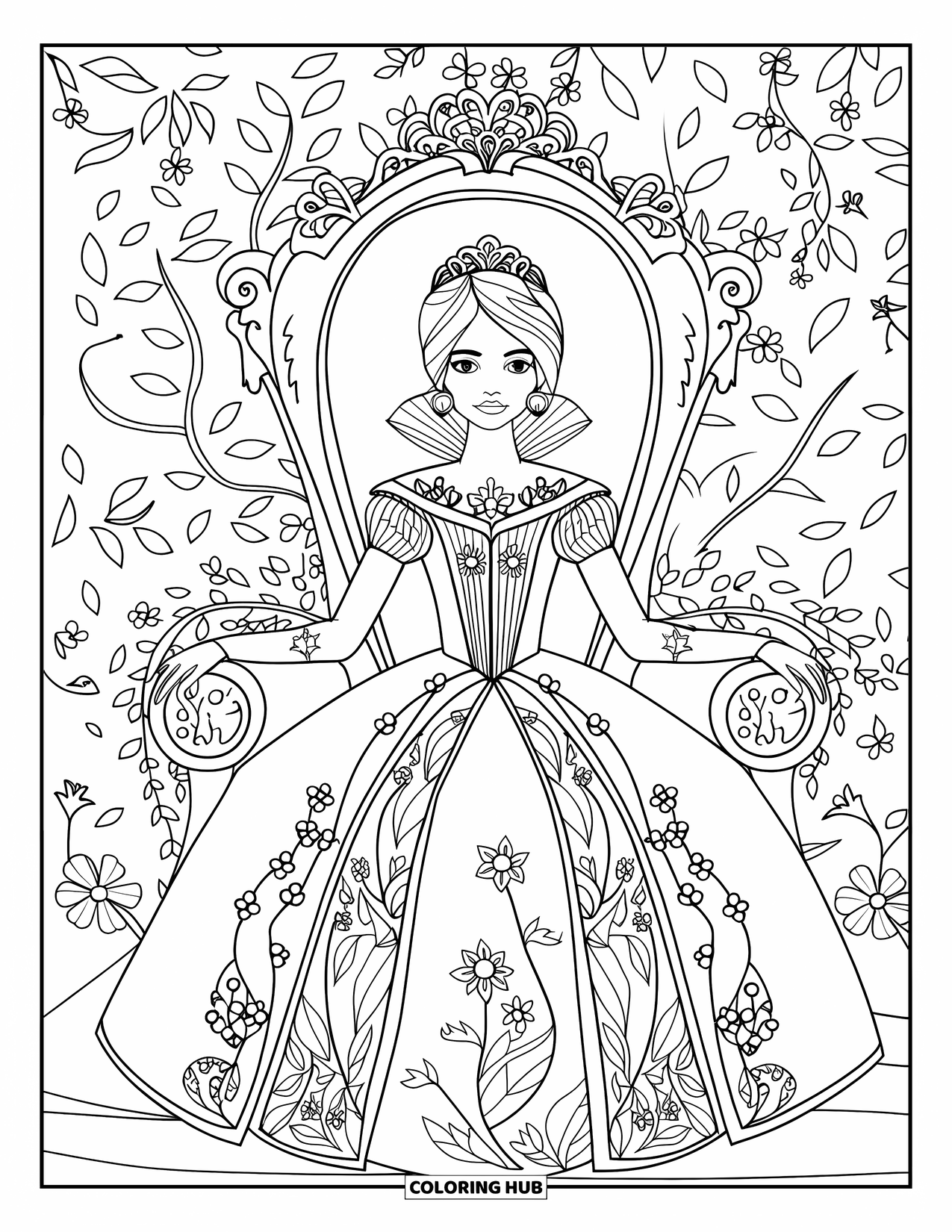 Princess Coloring Page for Adults: A regal princess in an embroidered gown sits on a throne with floral patterns
