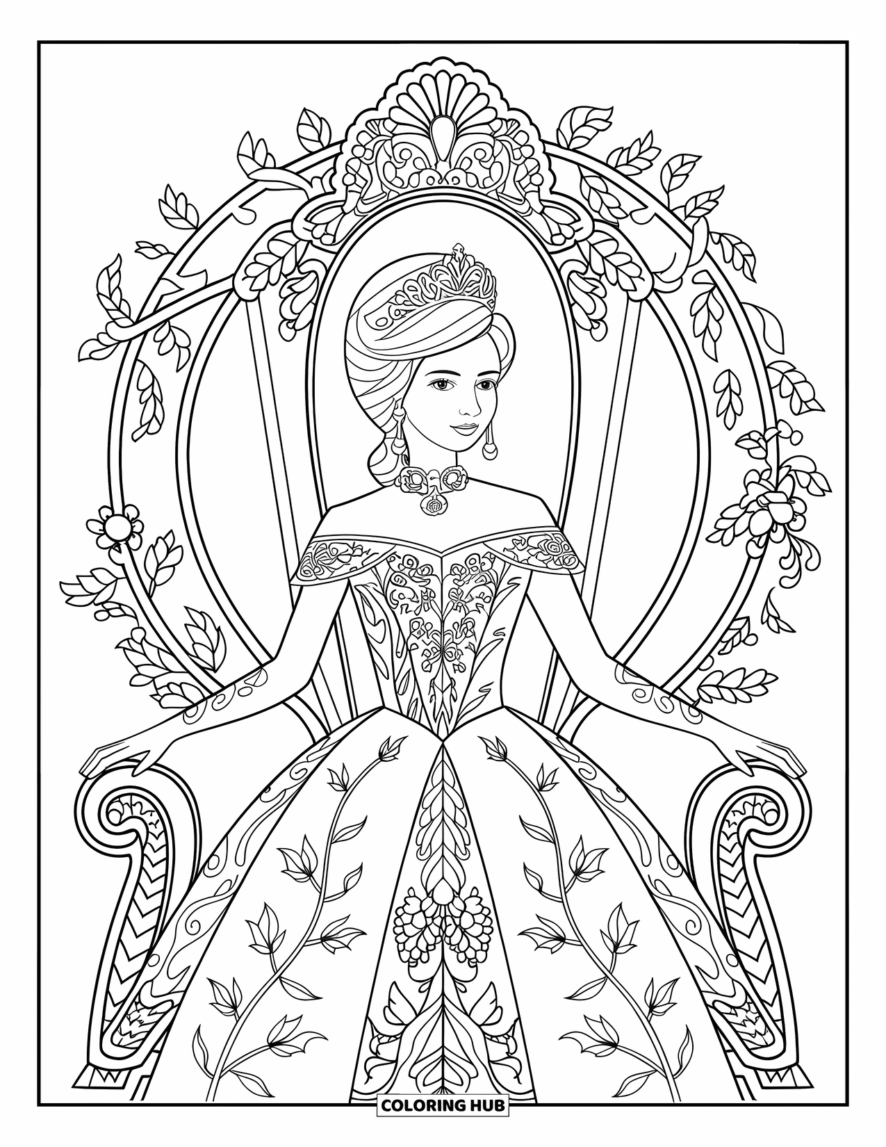 Princess Coloring Page for Adults: A regal princess sits gracefully on an ornate throne with a floral-patterned gown
