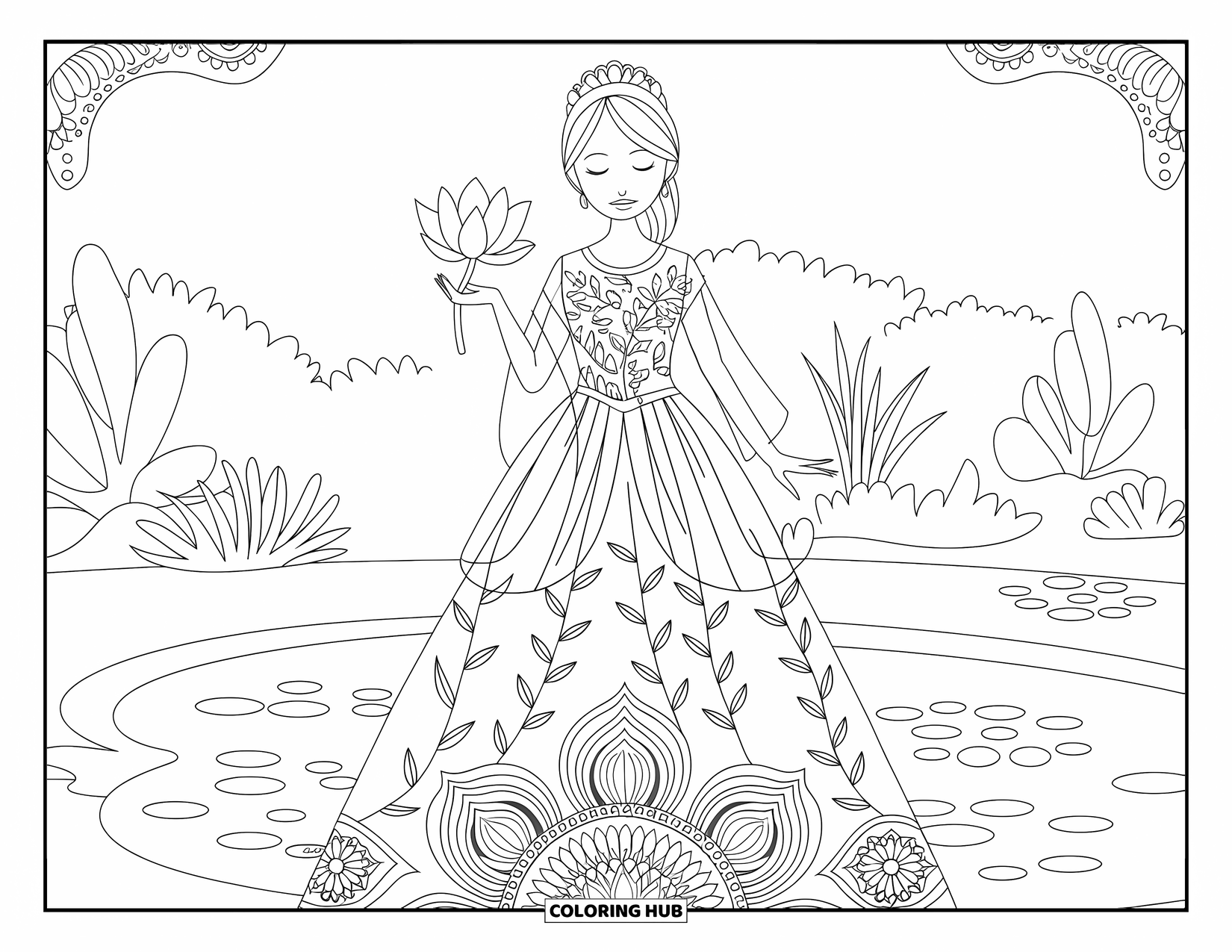 Princess Coloring Page for Adults: A serene princess stands in a garden, holding a blooming lotus flower