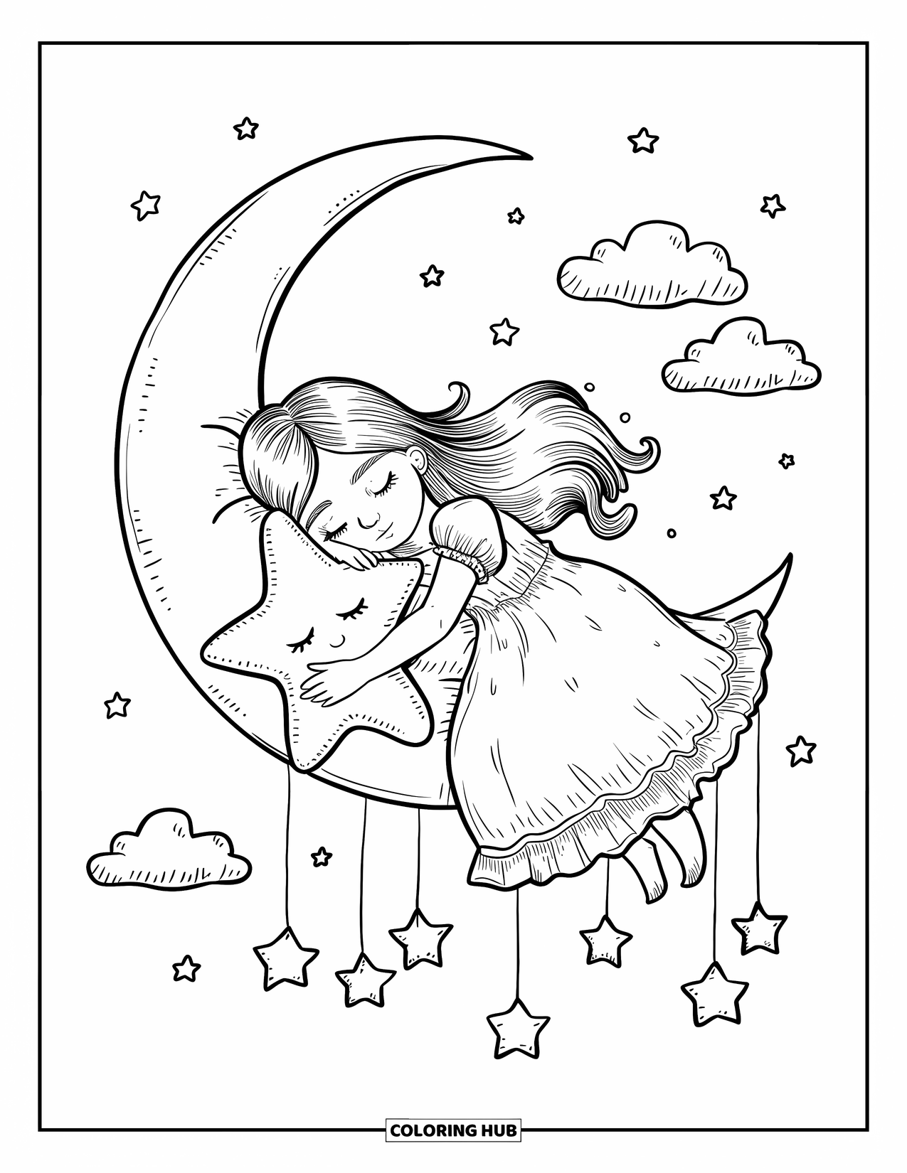 Princess Coloring Page for Adults: A sleeping princess cuddles a star pillow on a crescent moon