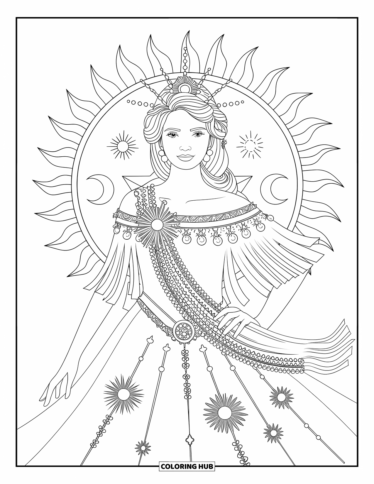 Princess Coloring Page for Adults: A sun goddess in a radiant gown with a sun-ray tiara
