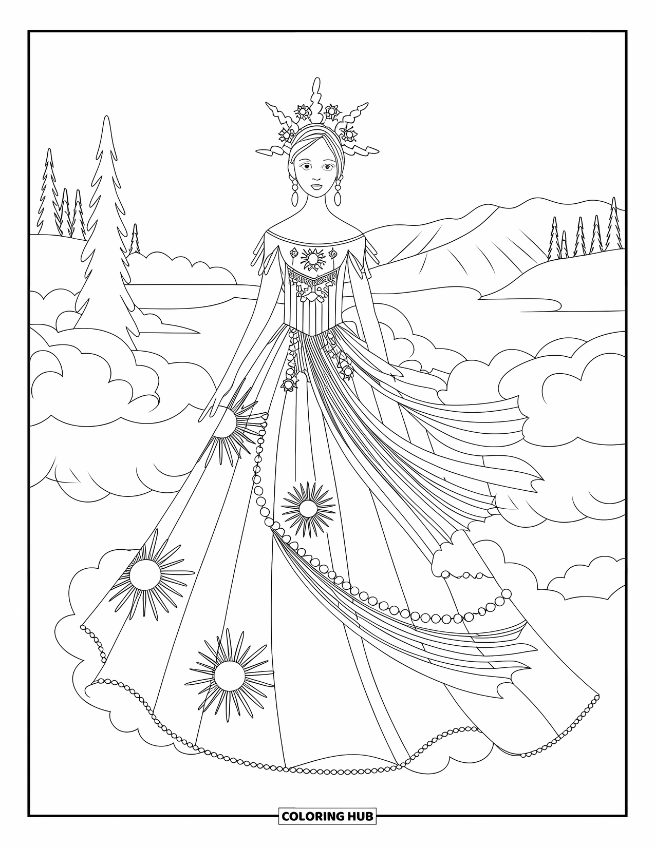 Princess Coloring Page for Adults: A sun-themed princess in a golden gown stands in a serene landscape