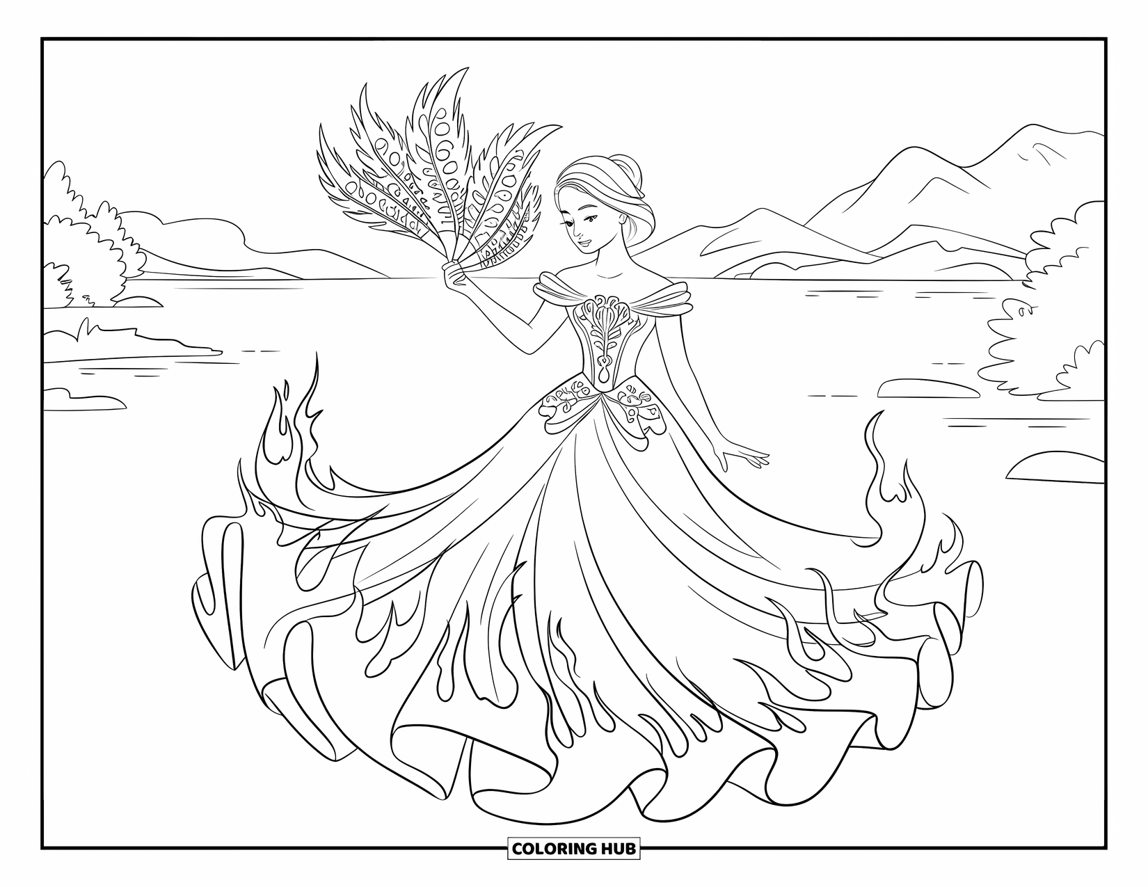 Princess Coloring Page for Adults: A twirling princess in a flame-like gown holds a fan, framed by mountains and water