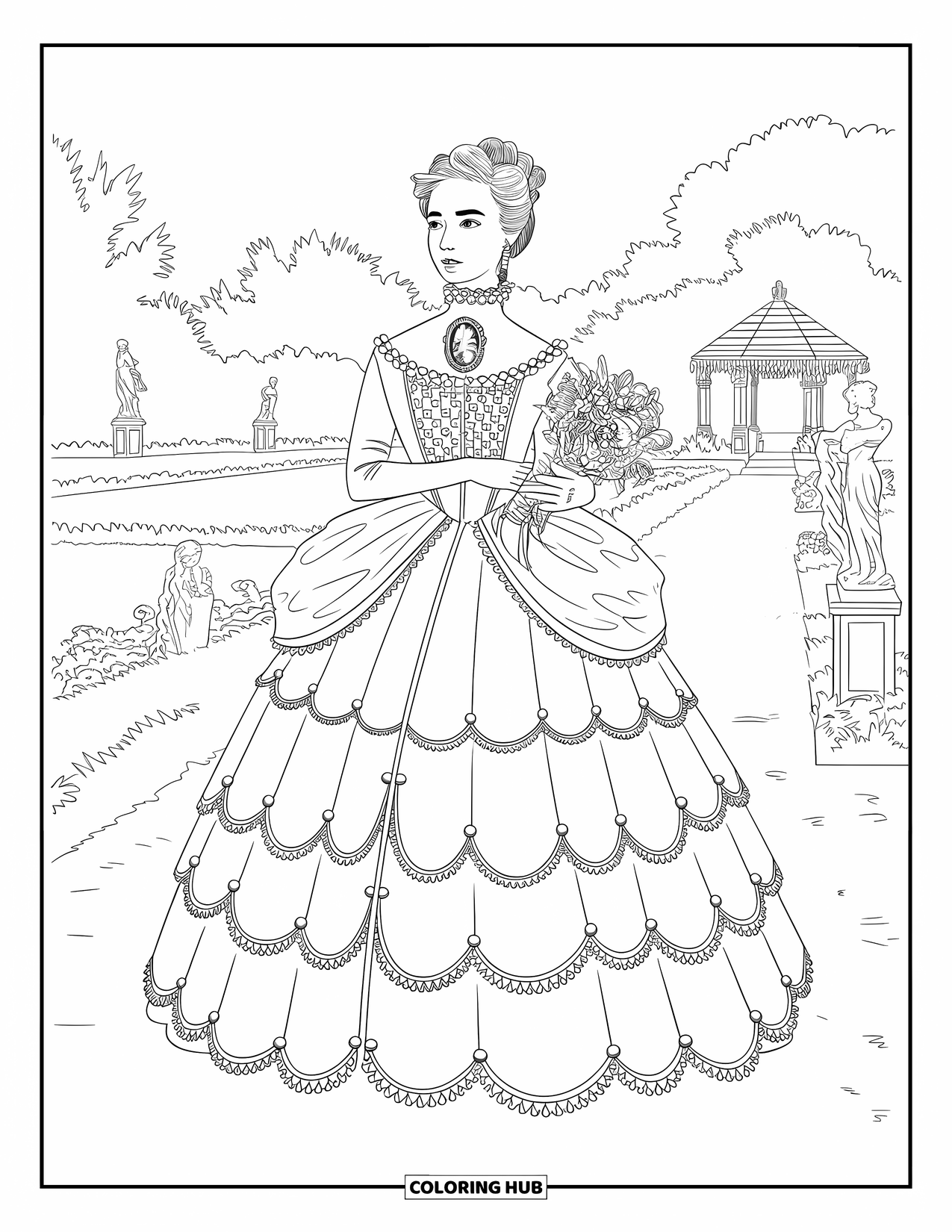 Princess Coloring Page for Adults: A Victorian princess in a lace gown holding flowers in a garden