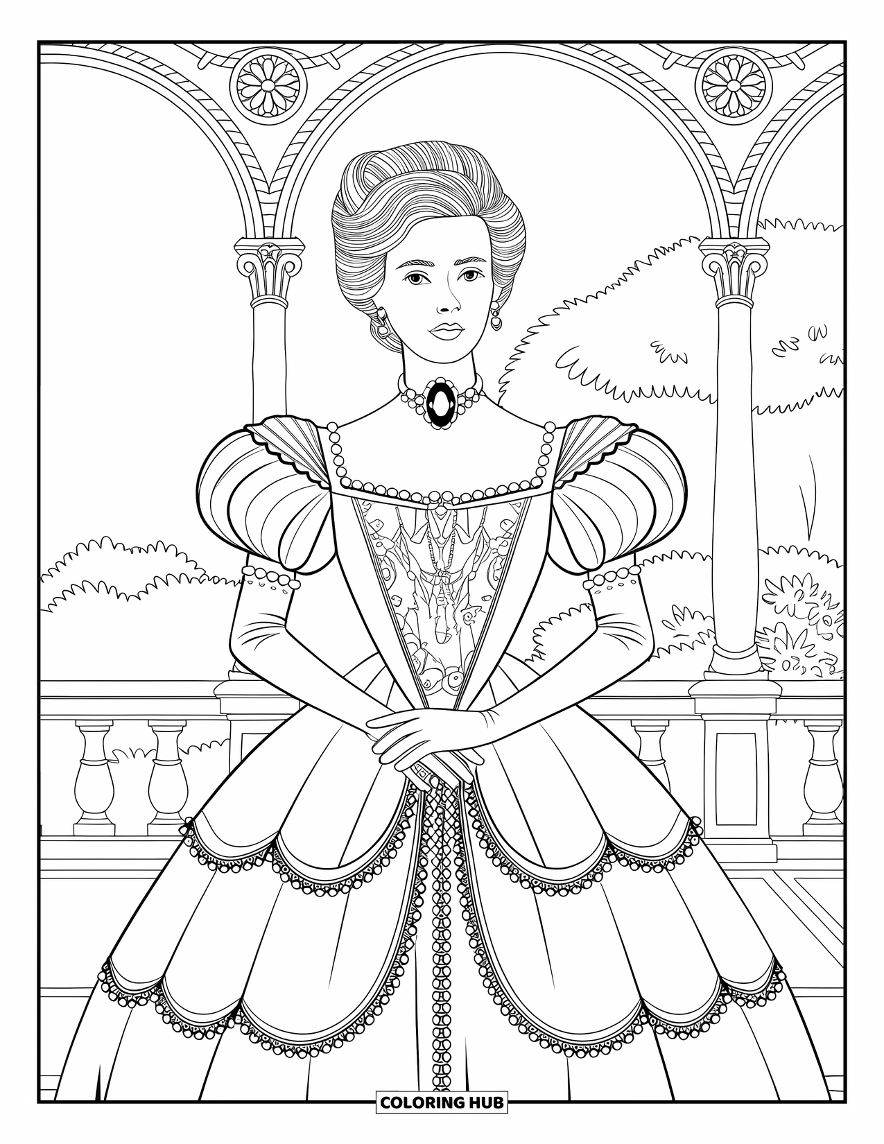 Princess Coloring Page for Adults: A Victorian princess in a lace gown stands elegantly in a lush garden