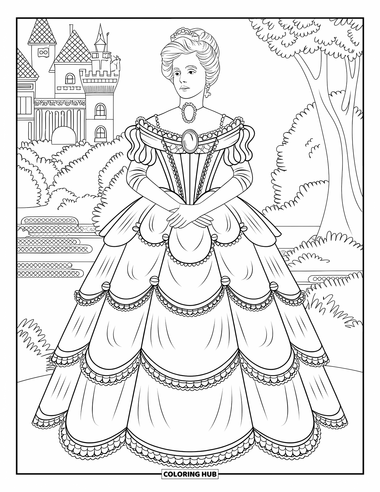 Princess Coloring Page for Adults: A Victorian princess in a lace gown with pearls and gloves