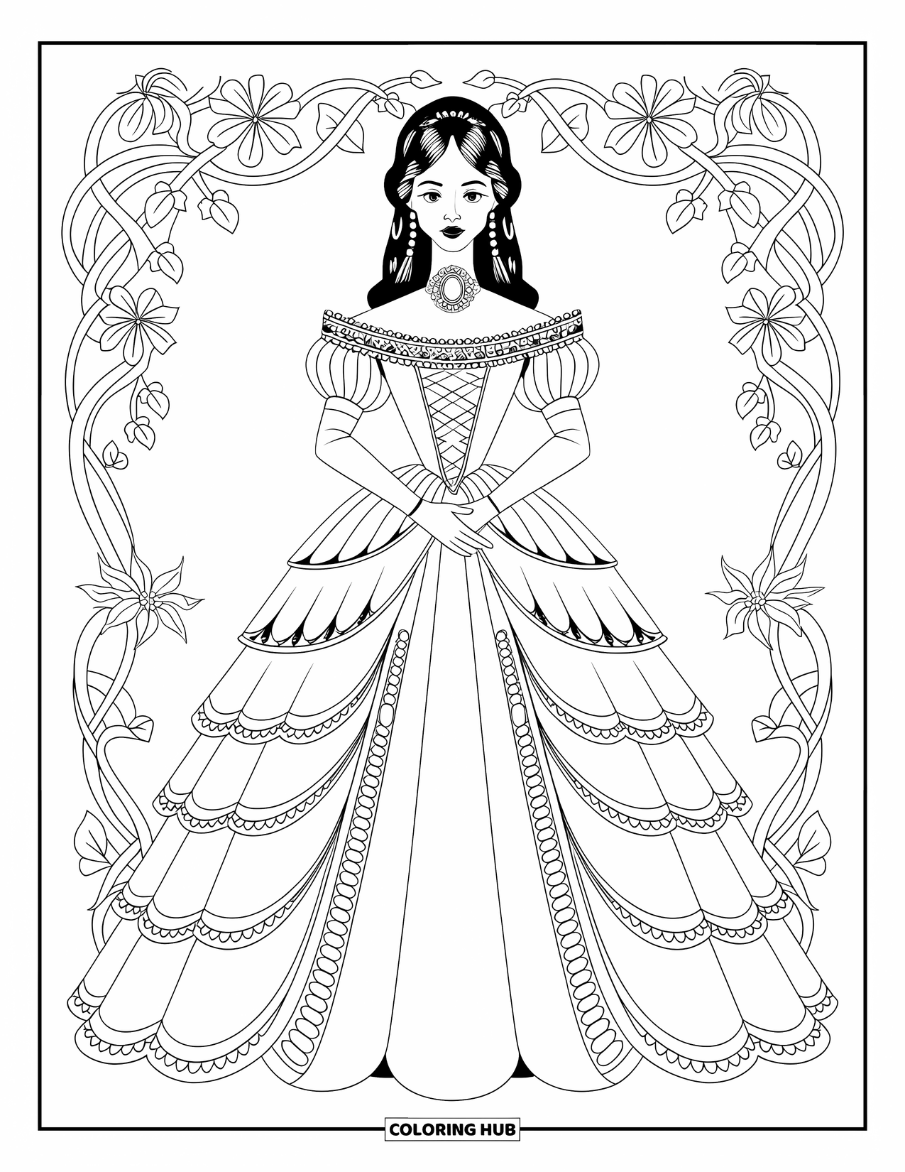 Princess Coloring Page for Adults: A Victorian princess in a pearl-studded gown stands elegantly by blooming flowers