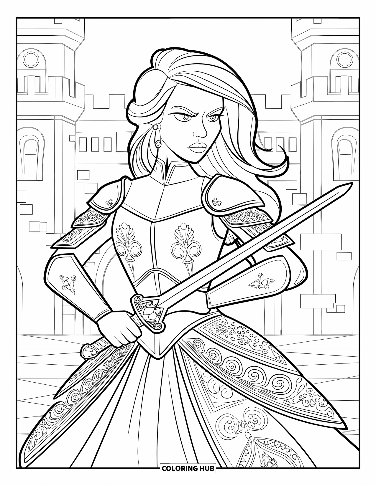 Princess Coloring Page for Adults: A warrior princess in a filigree gown stands with a sword by a serene lake