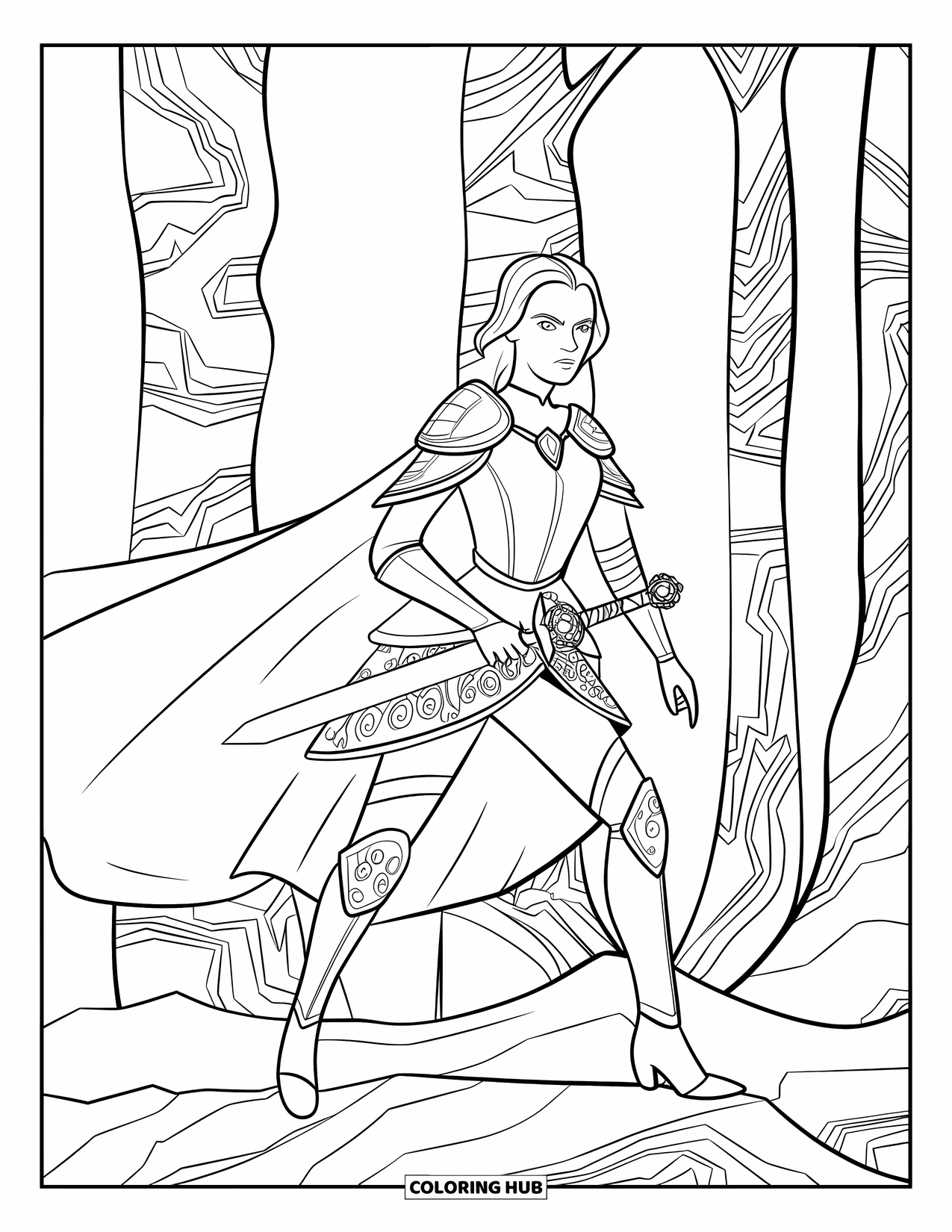 Princess Coloring Page for Adults: A warrior princess in a gown with armor details and a jeweled sword
