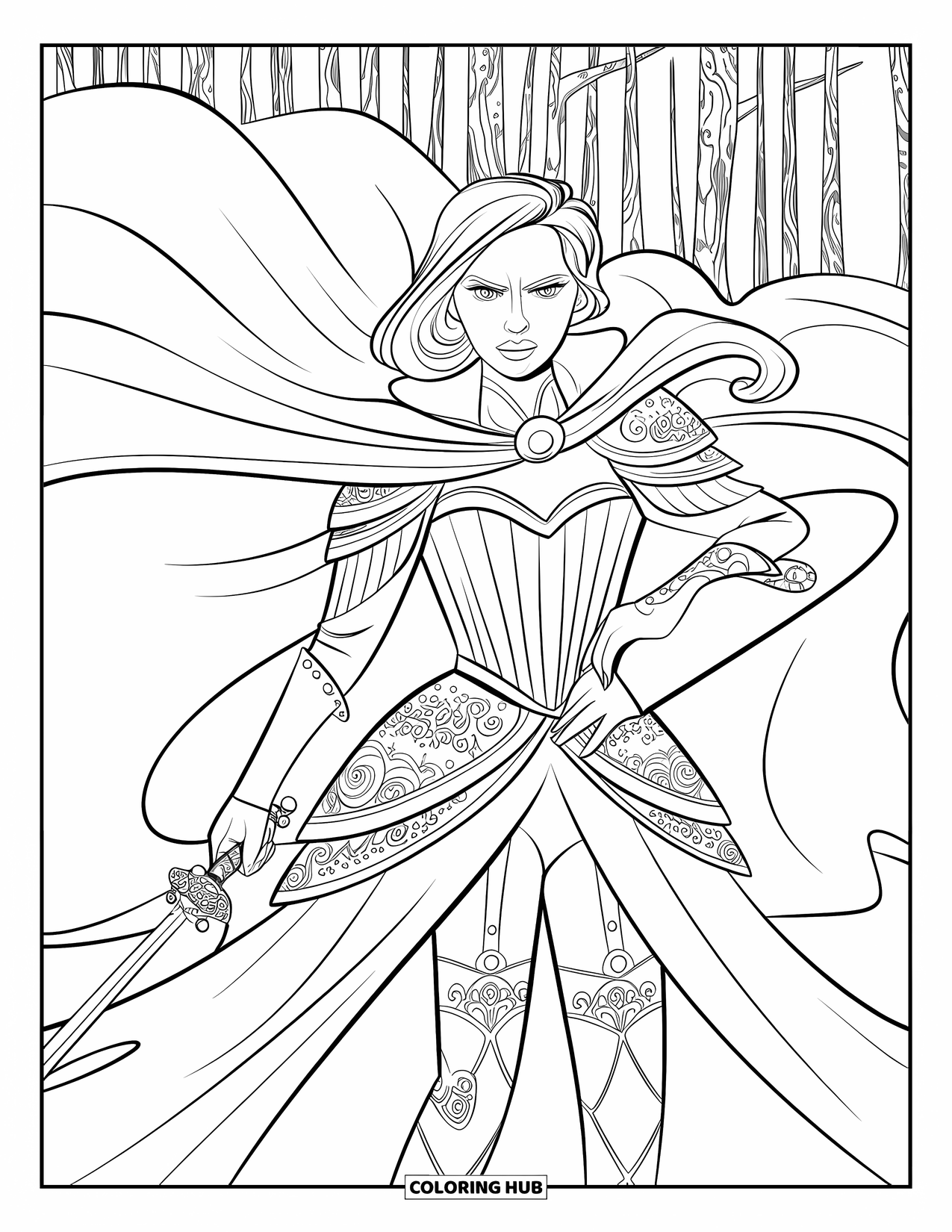 Princess Coloring Page for Adults: A warrior princess in a gown with armor details holding a jeweled sword
