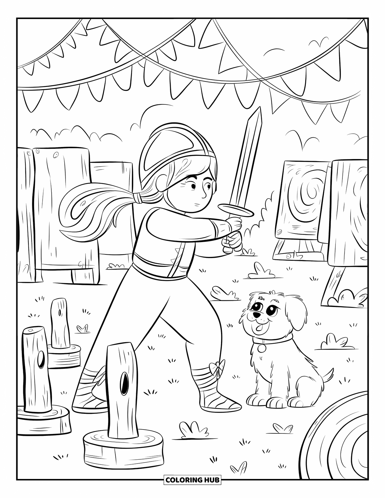 Princess Coloring Page for Adults: A warrior princess swings a wooden sword, banners fluttering in the breeze