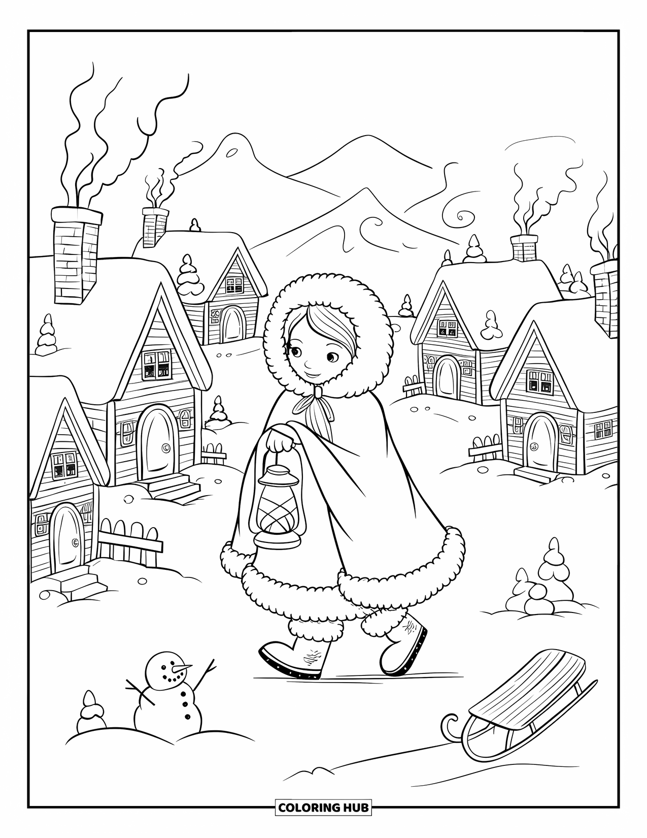 Princess Coloring Page for Adults: A winter princess walks through a snowy village, lantern in hand