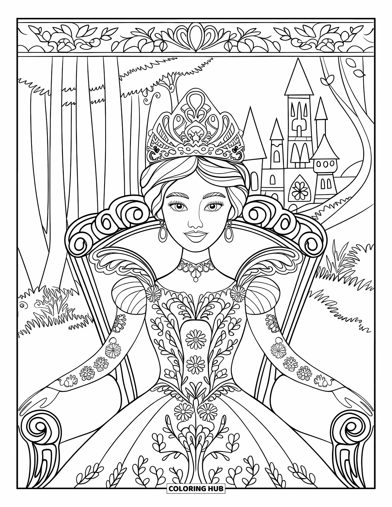 Princess Coloring Page for Adults: An enchanted queen in a floral gown sits gracefully on an ornate throne
