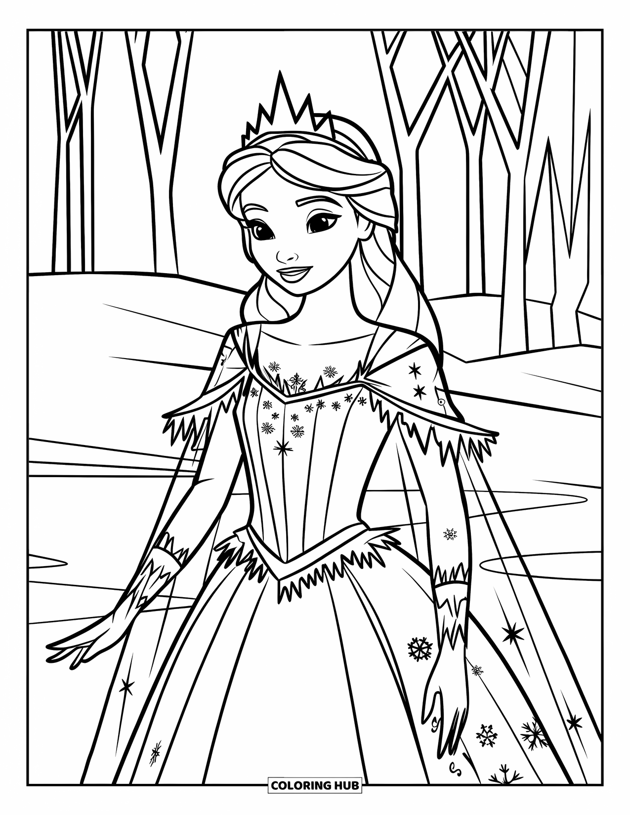 Princess Coloring Page for Adults: An ice queen in a frosted gown with snowflake patterns stands among snow-covered trees
