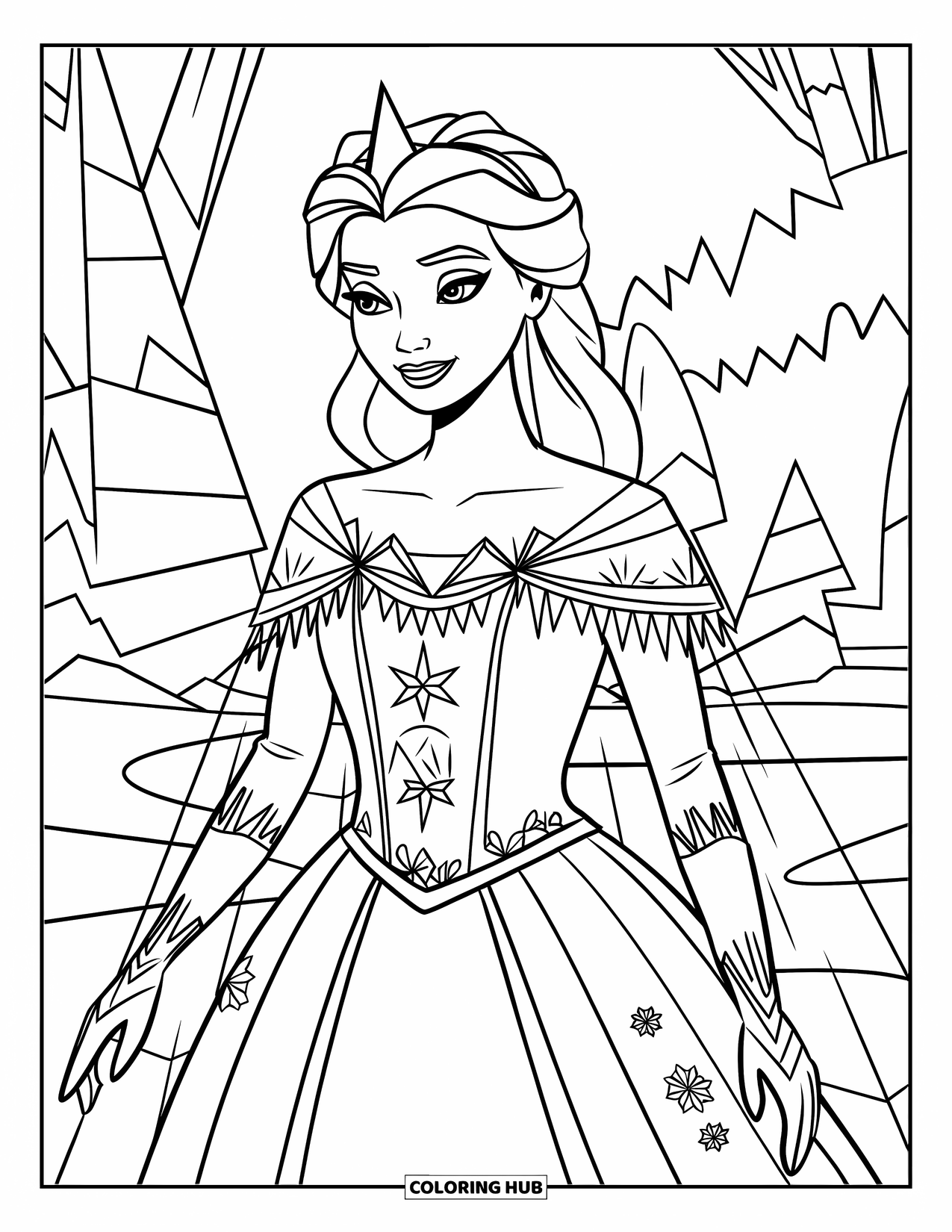 Princess Coloring Page for Adults: An ice queen in a snowflake-patterned gown with a sheer cape
