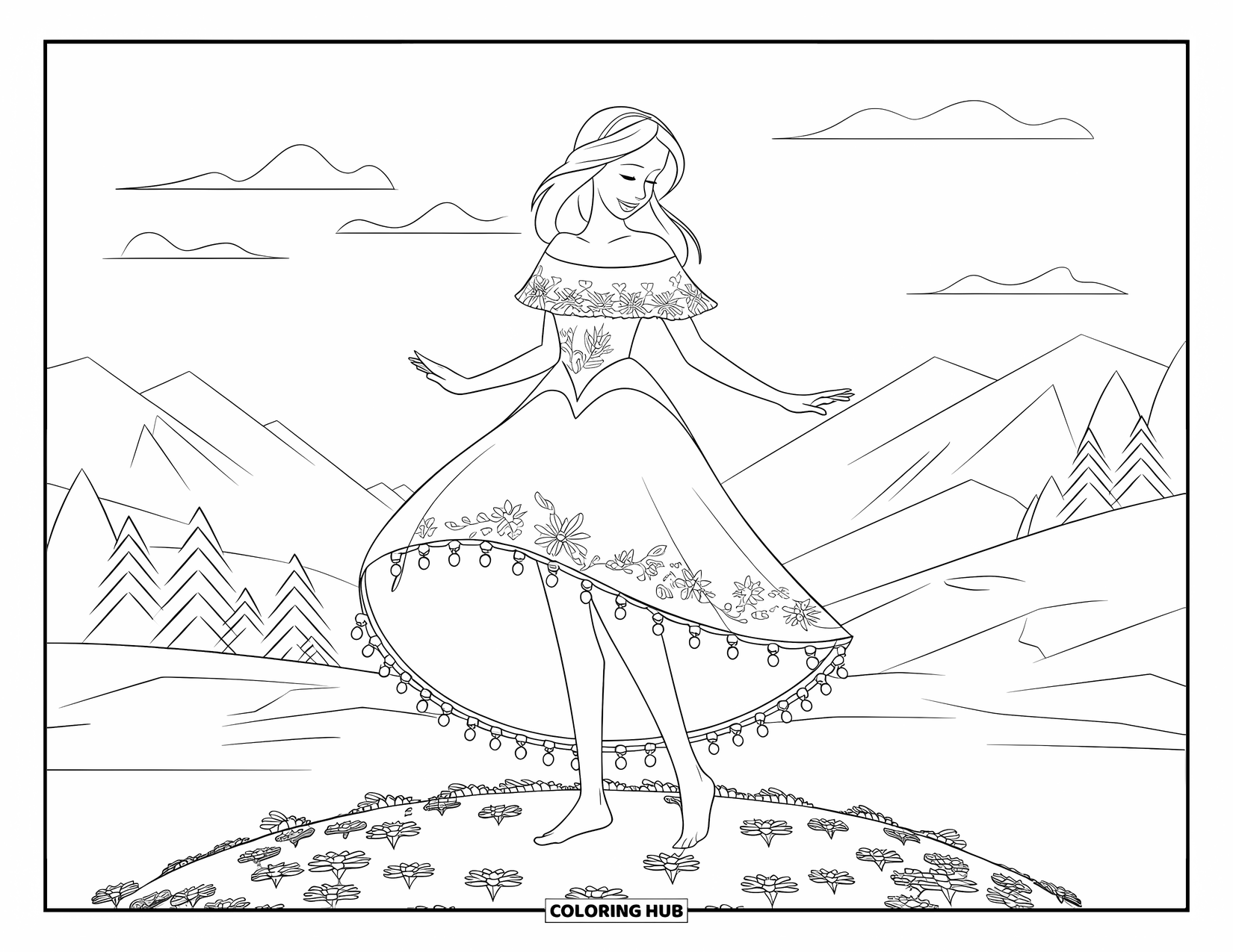 Princess Coloring Page for Kids: A barefoot princess in a lace dress twirls on a flower-covered hill