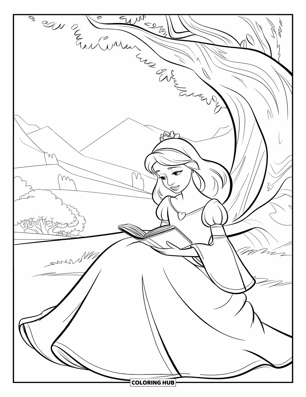 Princess Coloring Page for Kids: A bookish princess reads beneath an ancient tree in a constellation-embroidered gown