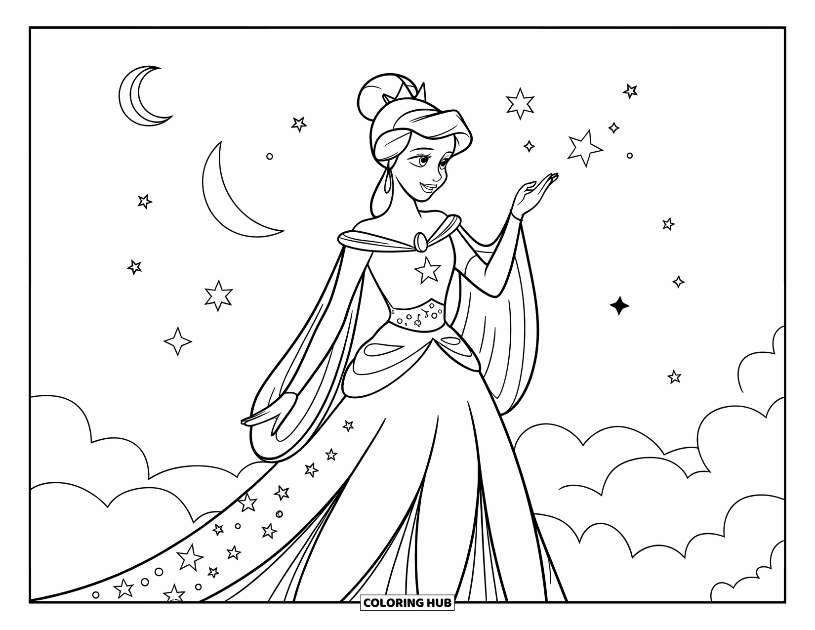 Princess Coloring Page for Kids: A celestial princess in a star-patterned gown gazes at the night sky