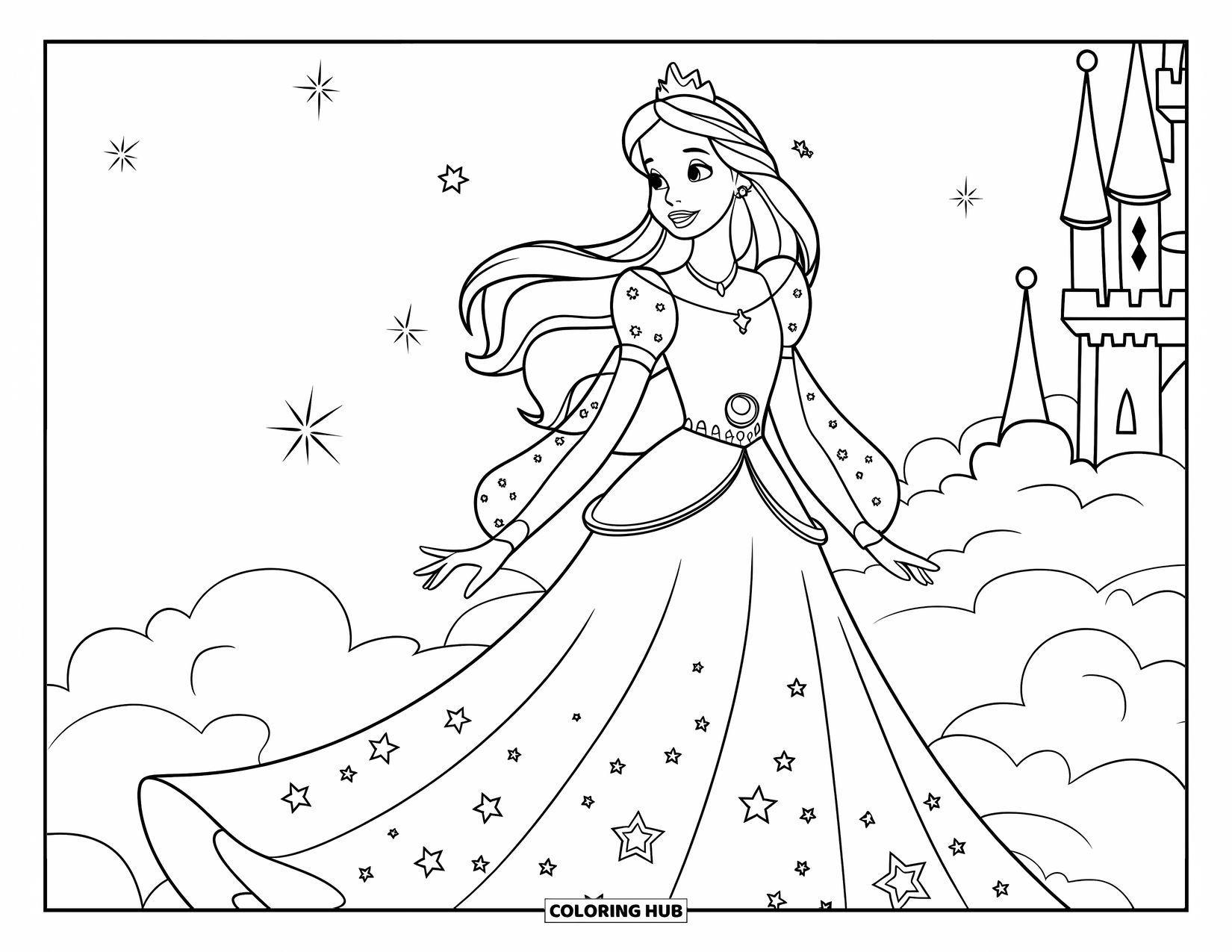 Princess Coloring Page for Kids: A celestial princess with flowing hair gazes at stars while standing on a cloud