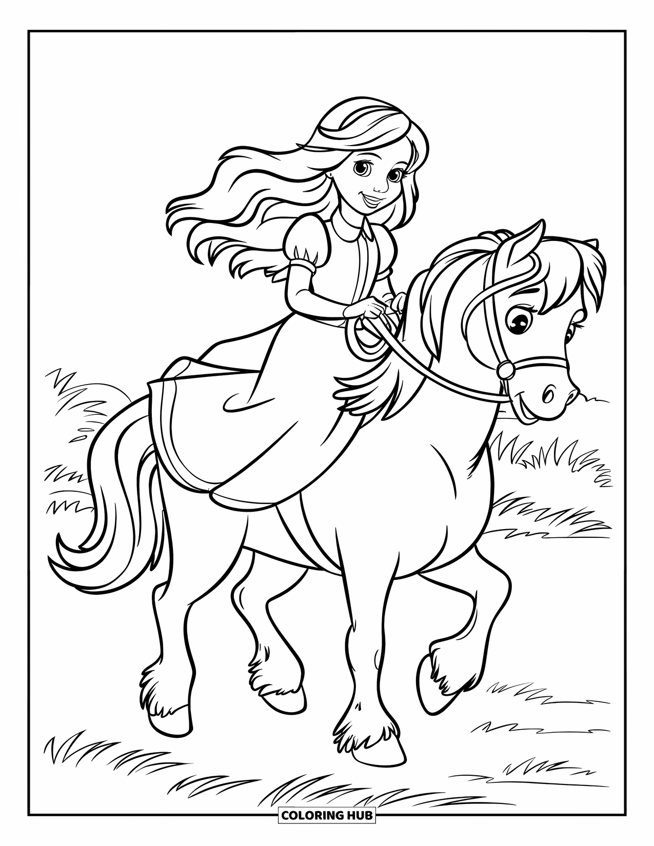 Princess Coloring Page for Kids: A cheerful princess rides a pony through a green field