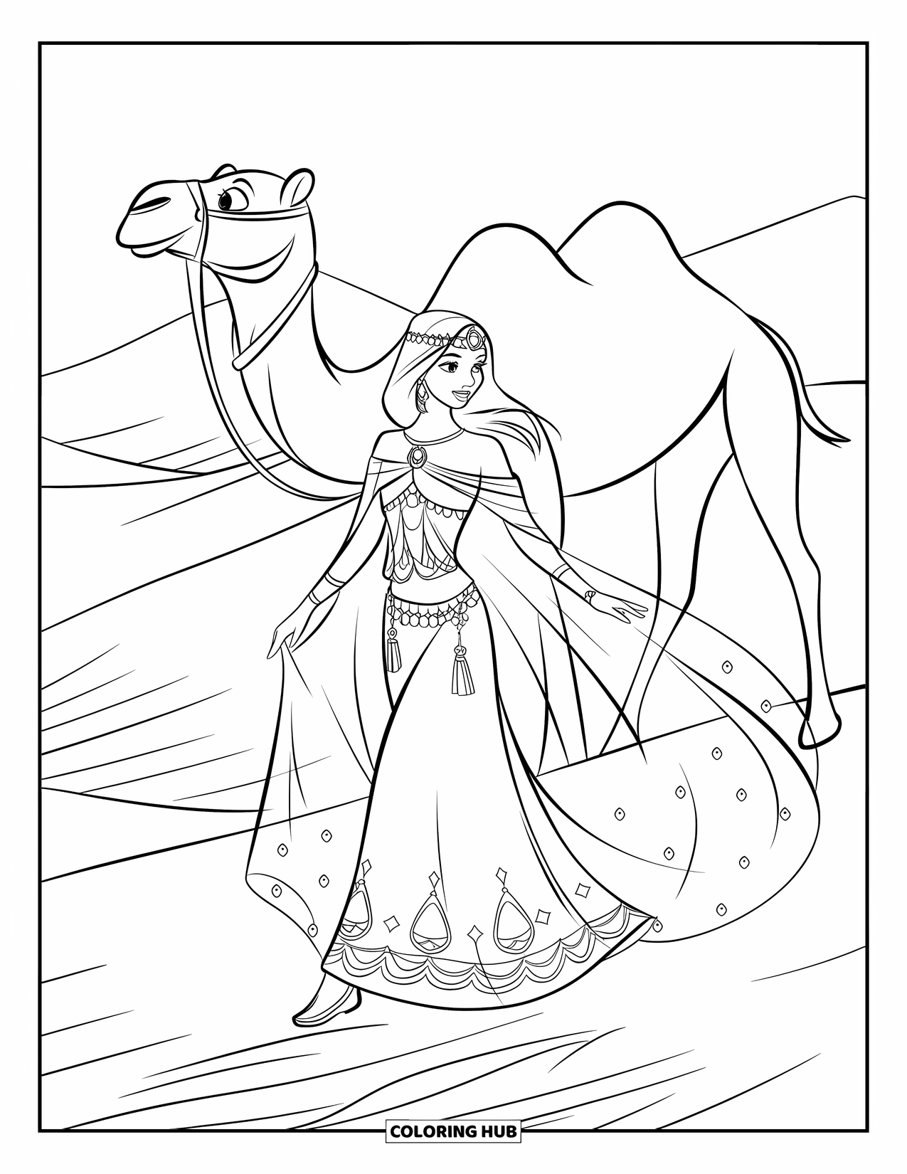 Princess Coloring Page for Kids: A desert princess leads a camel through sand dunes in a draped gown