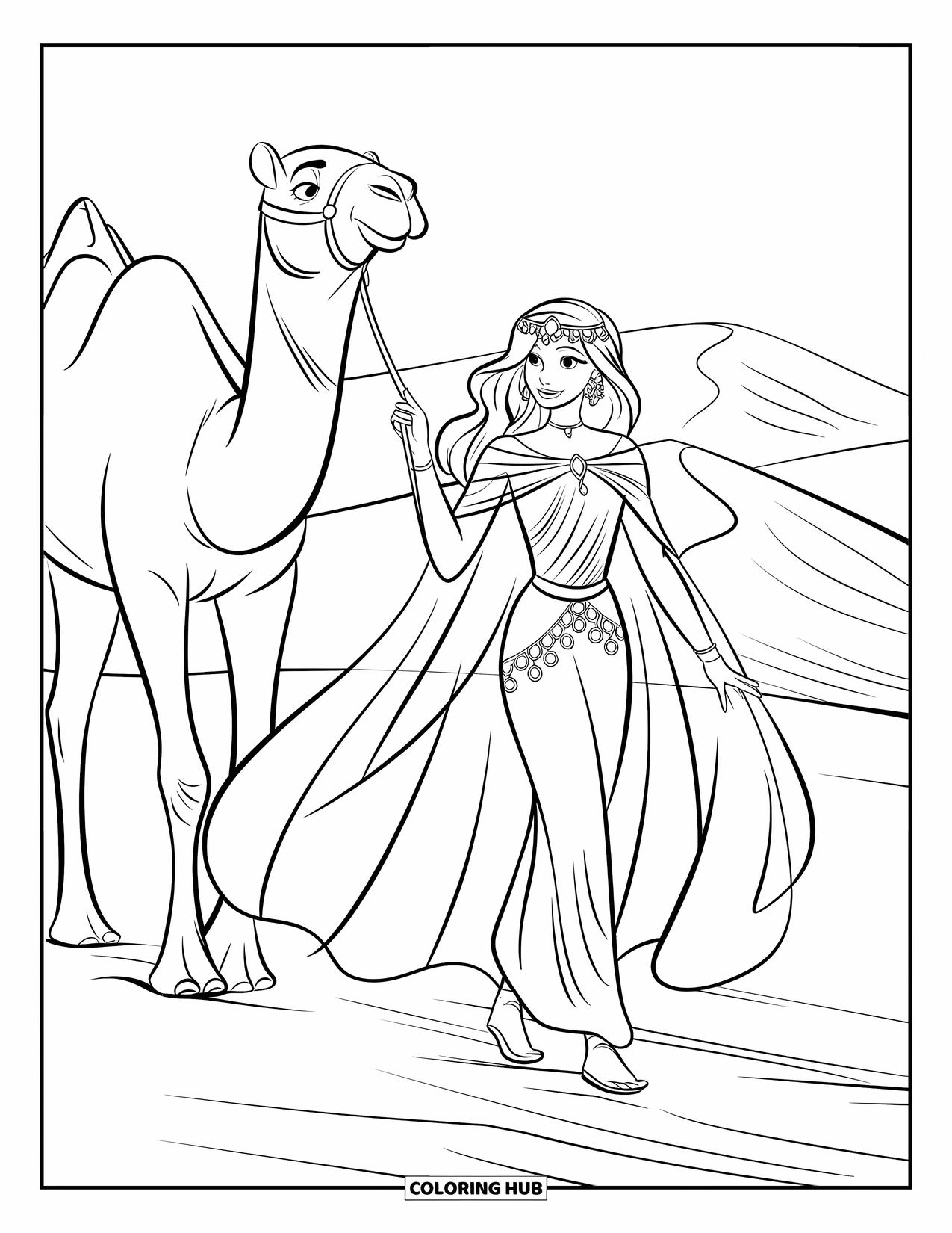 Princess Coloring Page for Kids: A desert princess with a cape guides a camel across the dunes