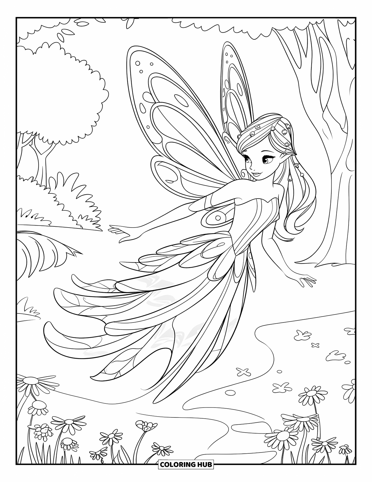 Princess Coloring Page for Kids: A fairy princess flutters above a meadow in a petal-shaped gown