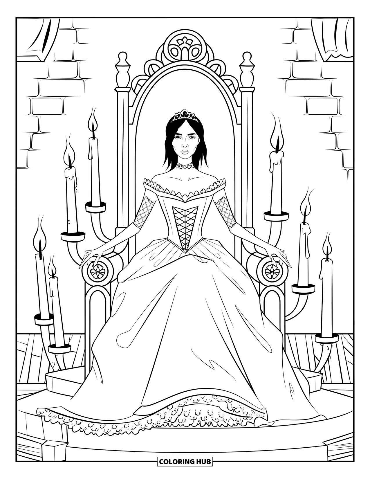Princess Coloring Page for Kids: A gothic princess in a Victorian gown sits gracefully on a candle-lit throne