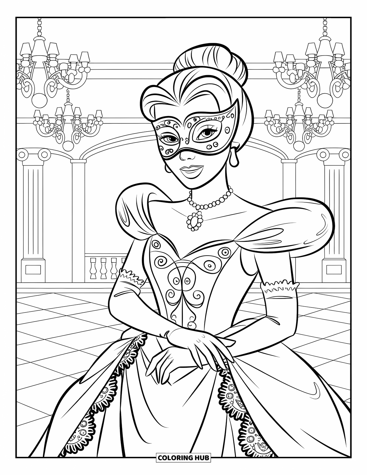Princess Coloring Page for Kids: A masked princess in an ornate gown stands at a masquerade ball