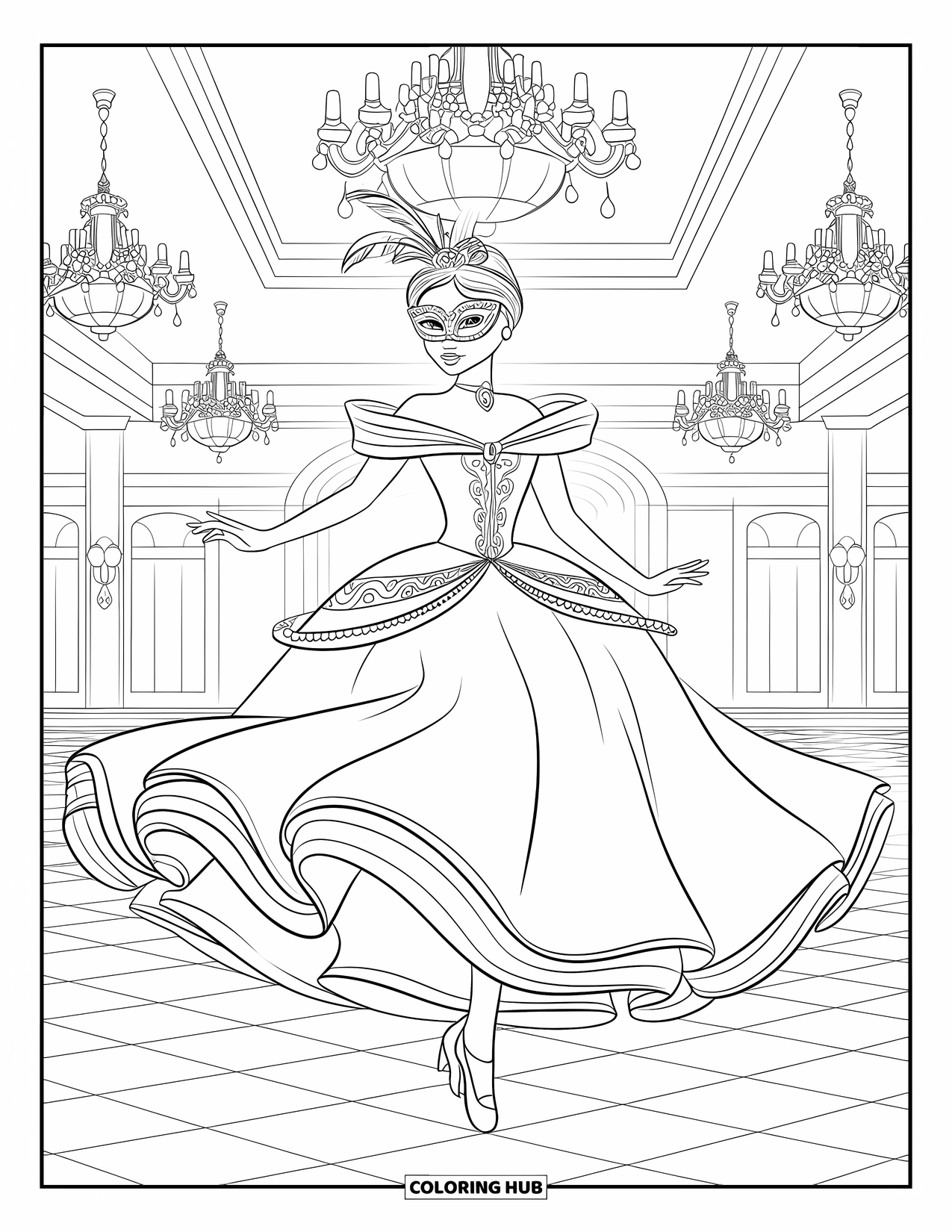 Princess Coloring Page for Kids: A masked princess twirls under chandeliers at a grand ball