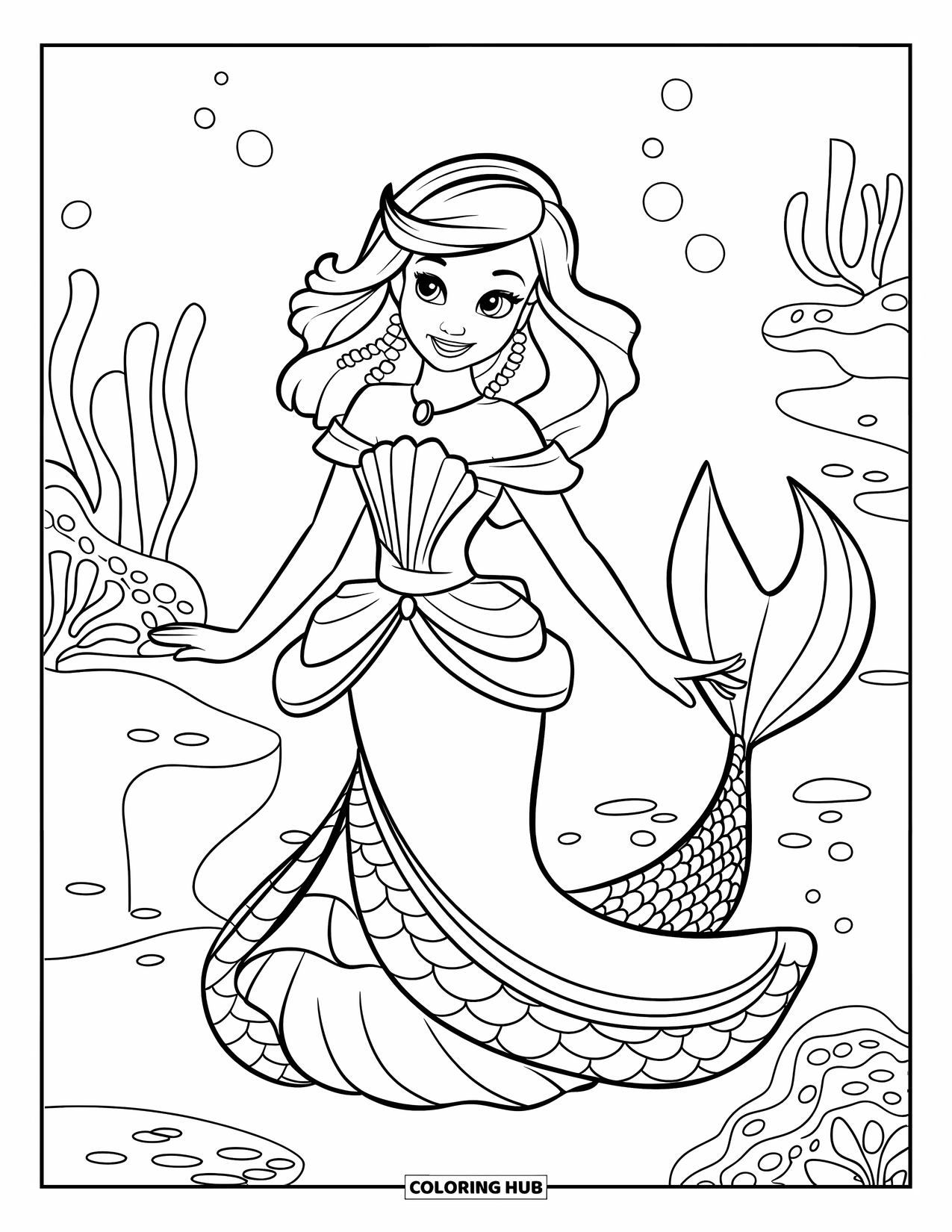Princess Coloring Page for Kids: A mermaid princess with pearls in her hair stands gracefully in an underwater world