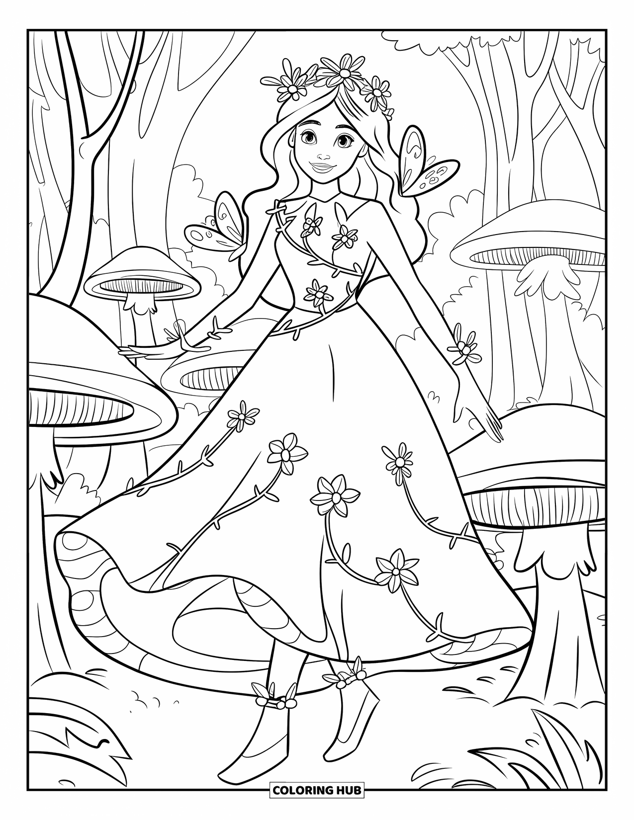 Princess Coloring Page for Kids: A nature princess in a leaf-patterned dress walks through a mystical forest