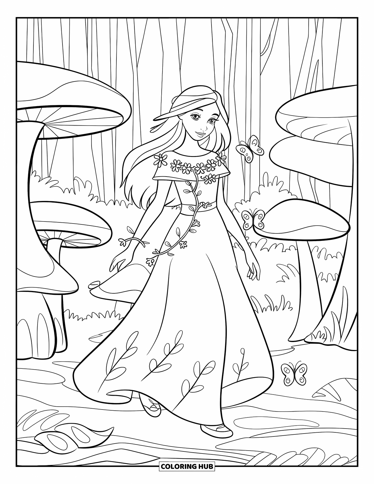 Princess Coloring Page for Kids: A nature princess with a crown of flowers walks through a forest of mushrooms