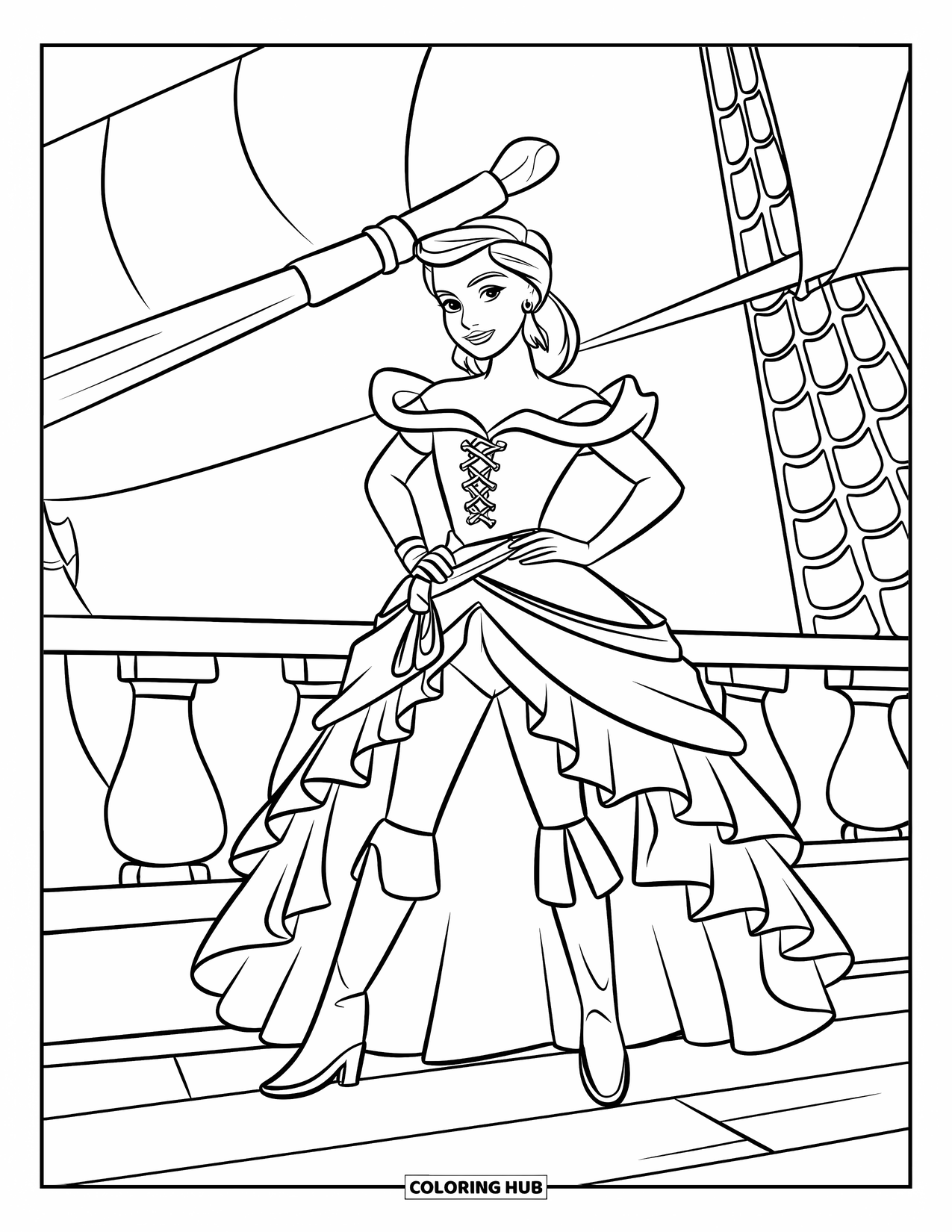 Princess Coloring Page for Kids: A pirate princess in a corset and sash stands boldly on a ship deck