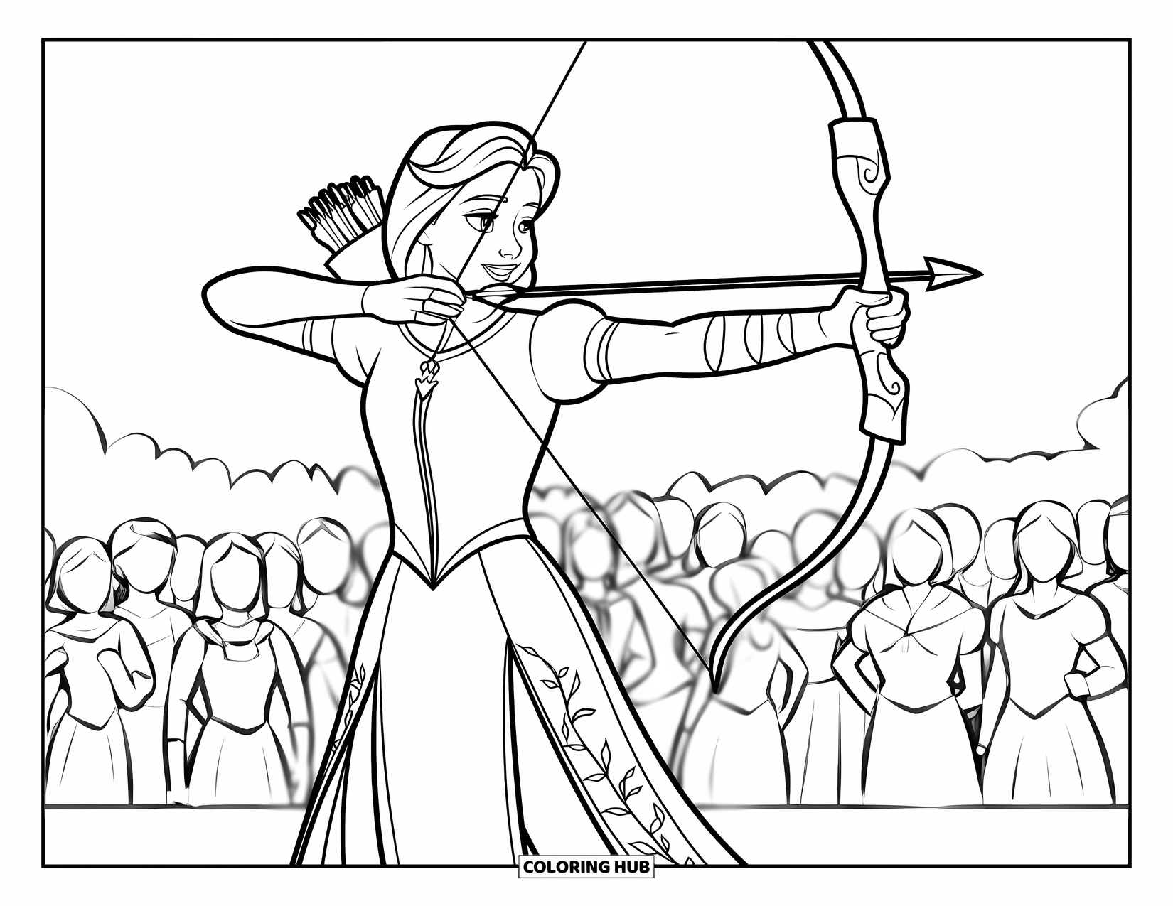 Princess Coloring Page for Kids: A princess aims her bow at an archery contest, wearing a gown with vine embroidery