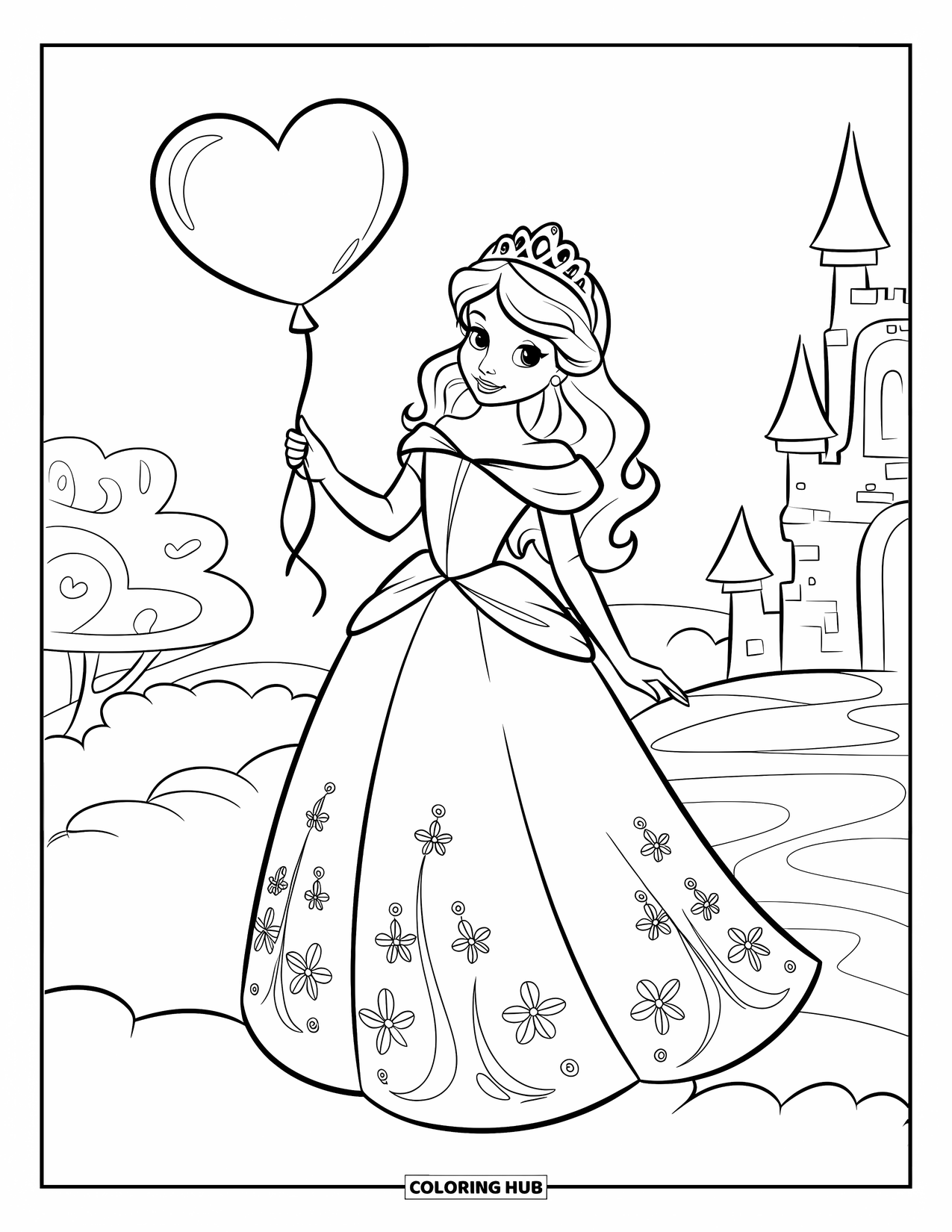 Princess Coloring Page for Kids: A princess holds a heart-shaped balloon while standing on a cloud