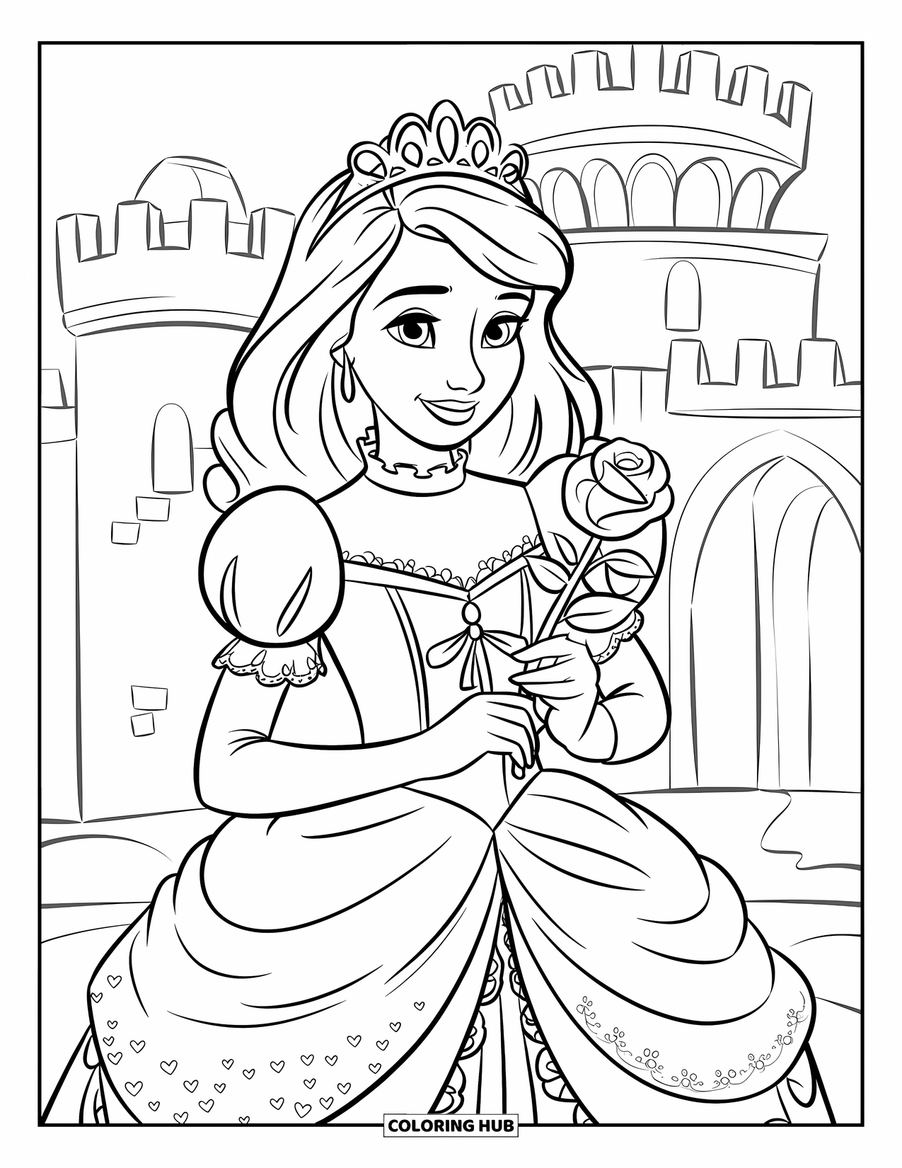 Princess Coloring Page for Kids: A princess holds a rose, wearing a gown with intricate embroidery