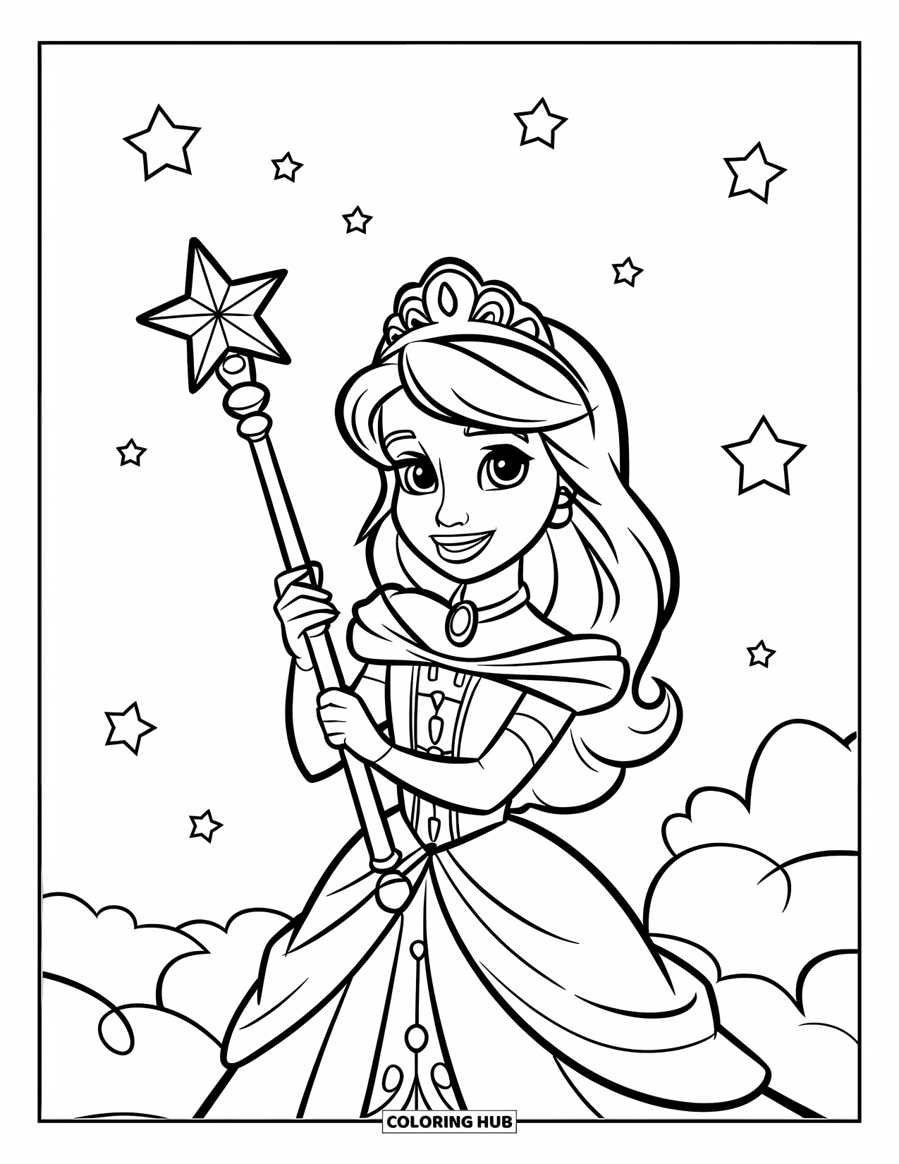 Princess Coloring Page for Kids: A princess holds a star-tipped scepter while standing on a cloud