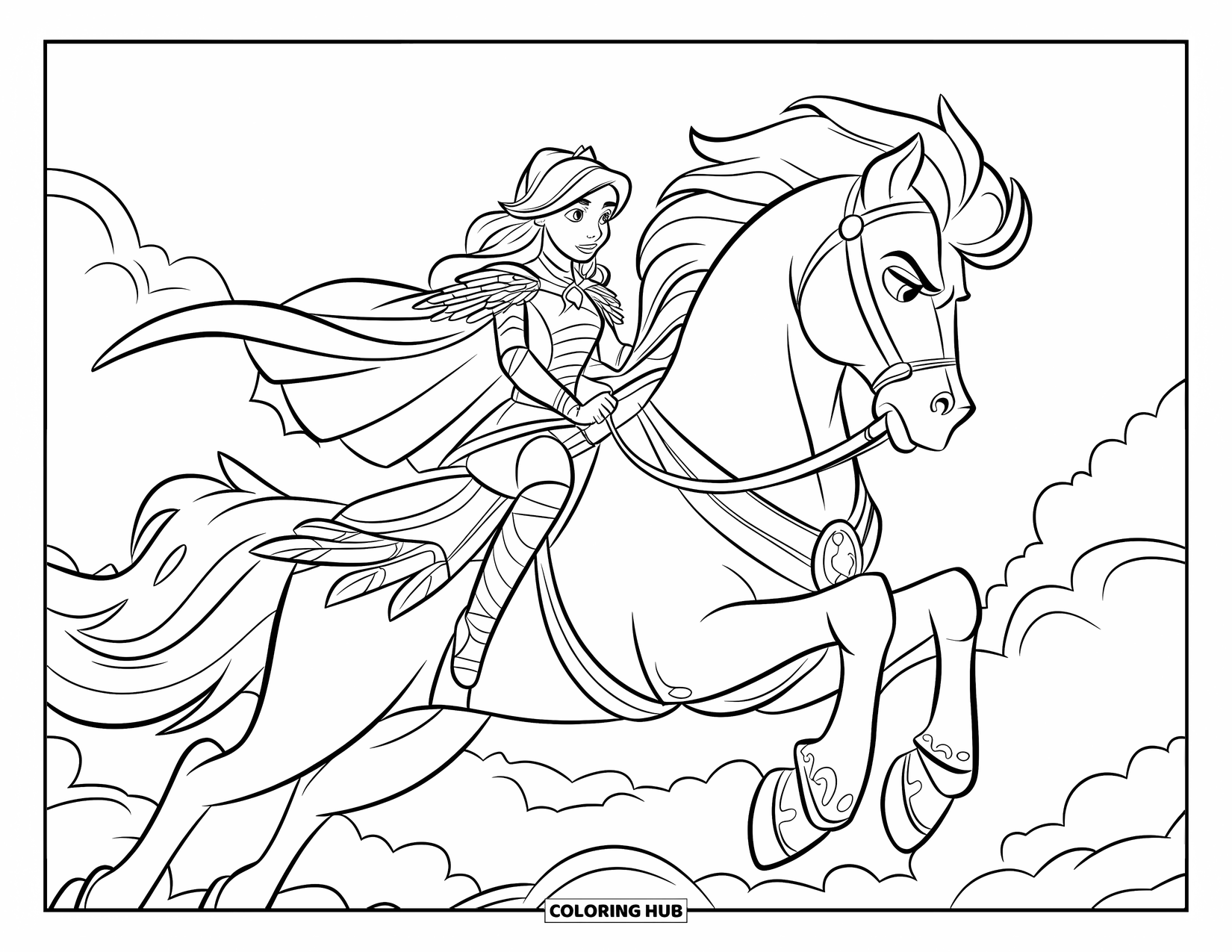 Princess Coloring Page for Kids: A princess in a battle dress rides a Pegasus through the clouds