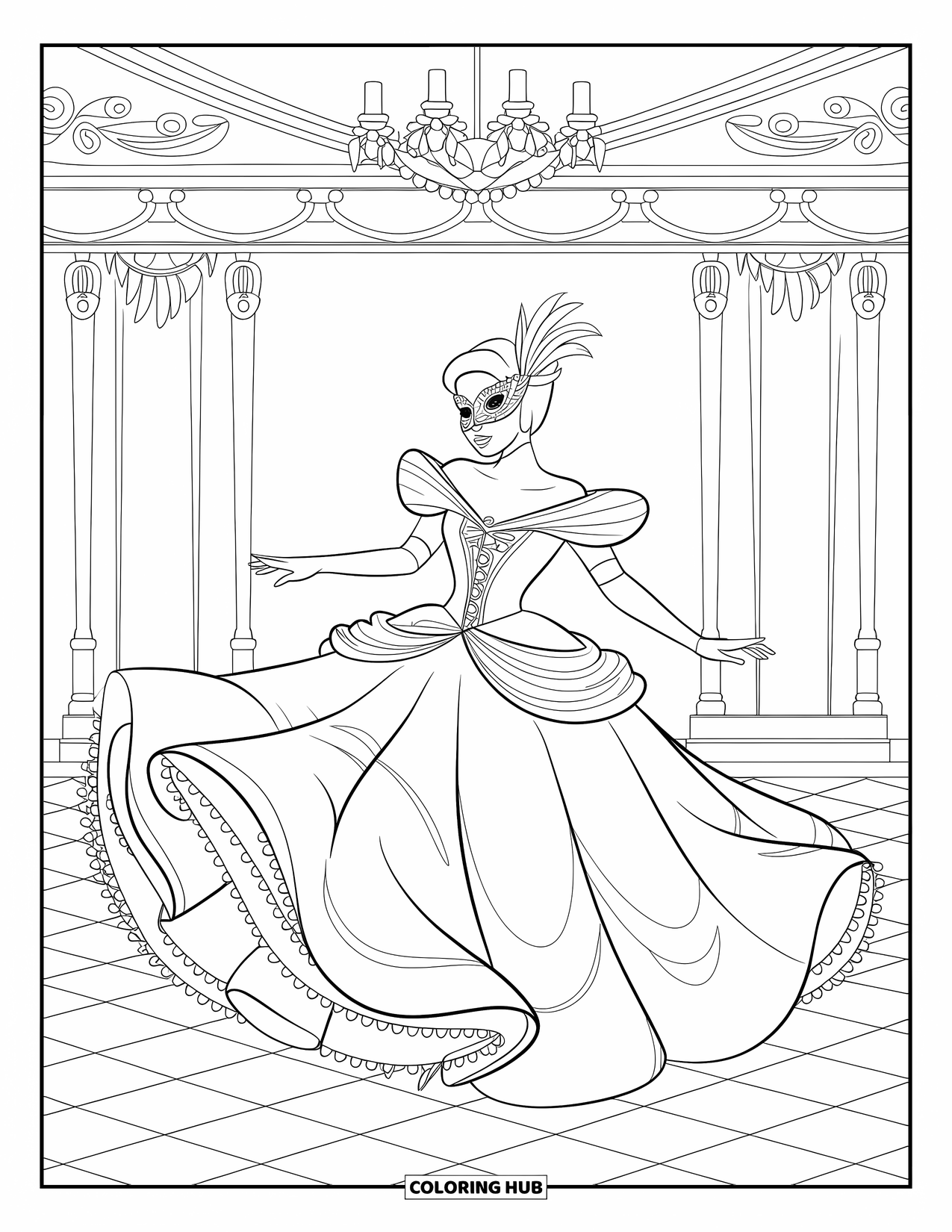 Princess Coloring Page for Kids: A princess in a beaded gown twirls at a masquerade ball in a feathered mask