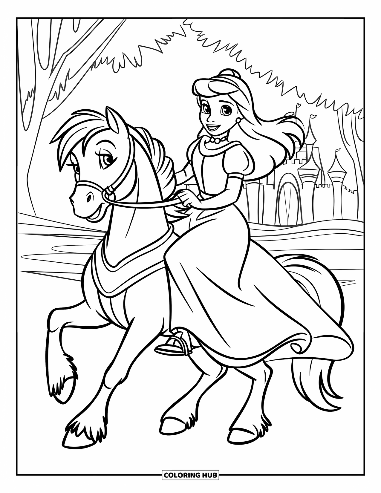 Princess Coloring Page for Kids: A princess in a blue dress rides a pony by a castle