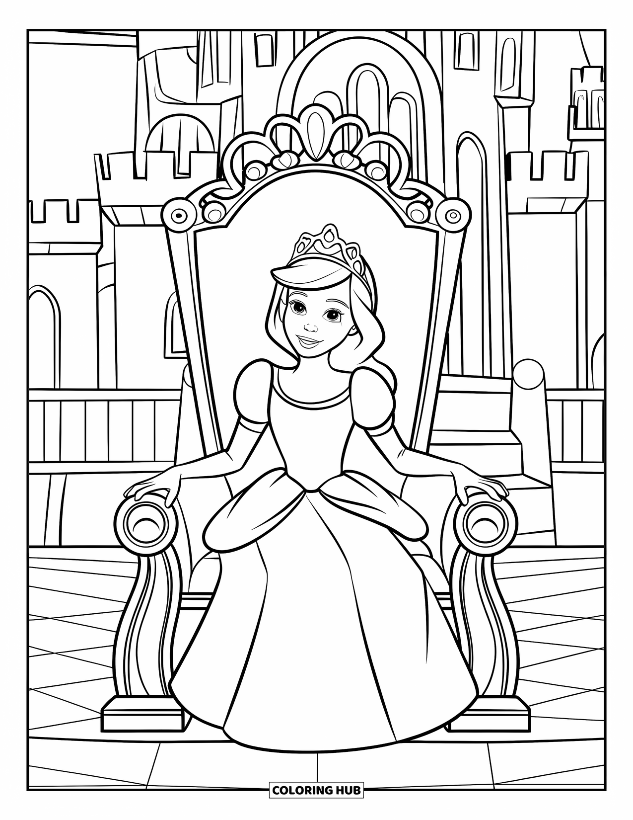 Princess Coloring Page for Kids: A princess in a blue dress sits happily on a throne in a castle